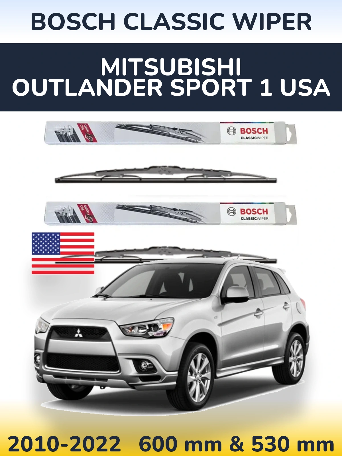 Комплект передніх щіток BOSCH Classic Wiper 600 & 530 мм для Mitsubishi Outlander Sport 1 USA 2010-2022