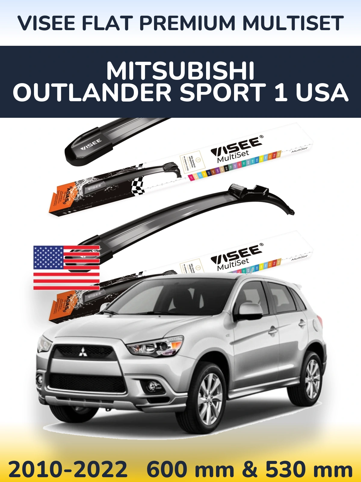Комплект передніх щіток VISEE FLAT PREMIUM MultiSet 600 & 530 мм для Mitsubishi Outlander Sport 1 USA 2010-2022