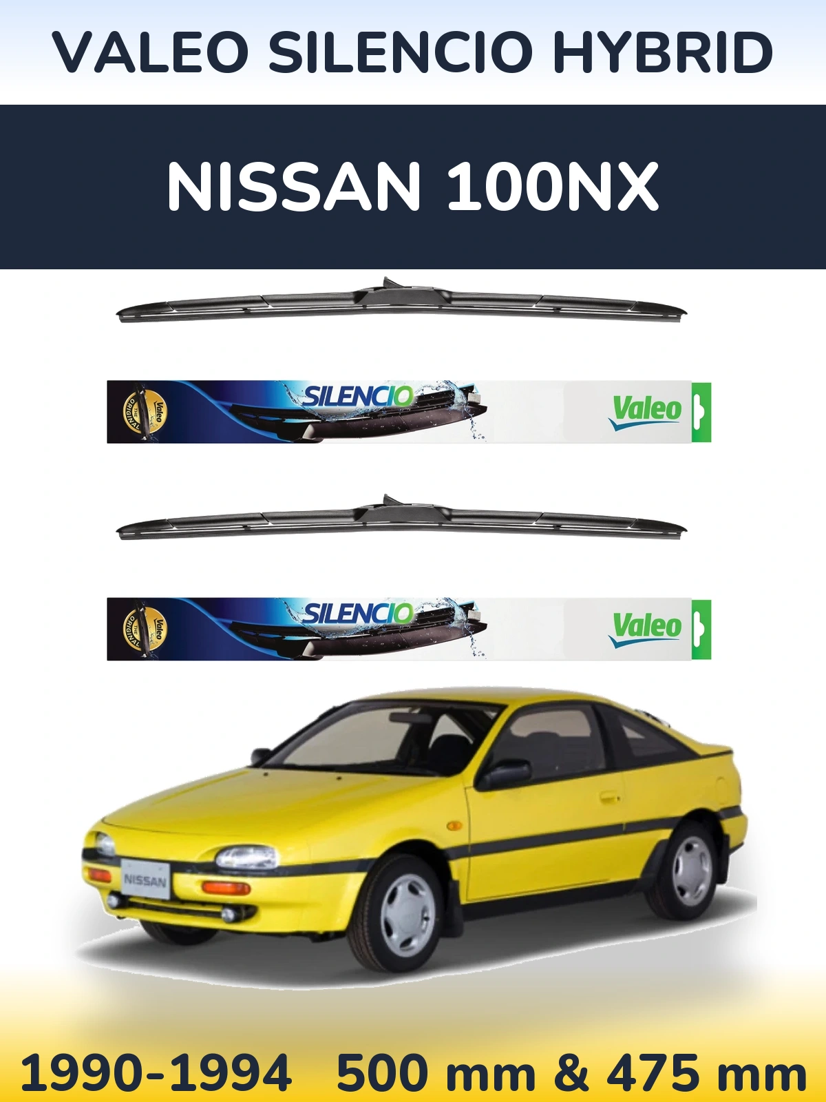 Sada předních stěračů Valeo Silencio Hybrid 500 a 475 mm pro Nissan 100NX 1990-1994
