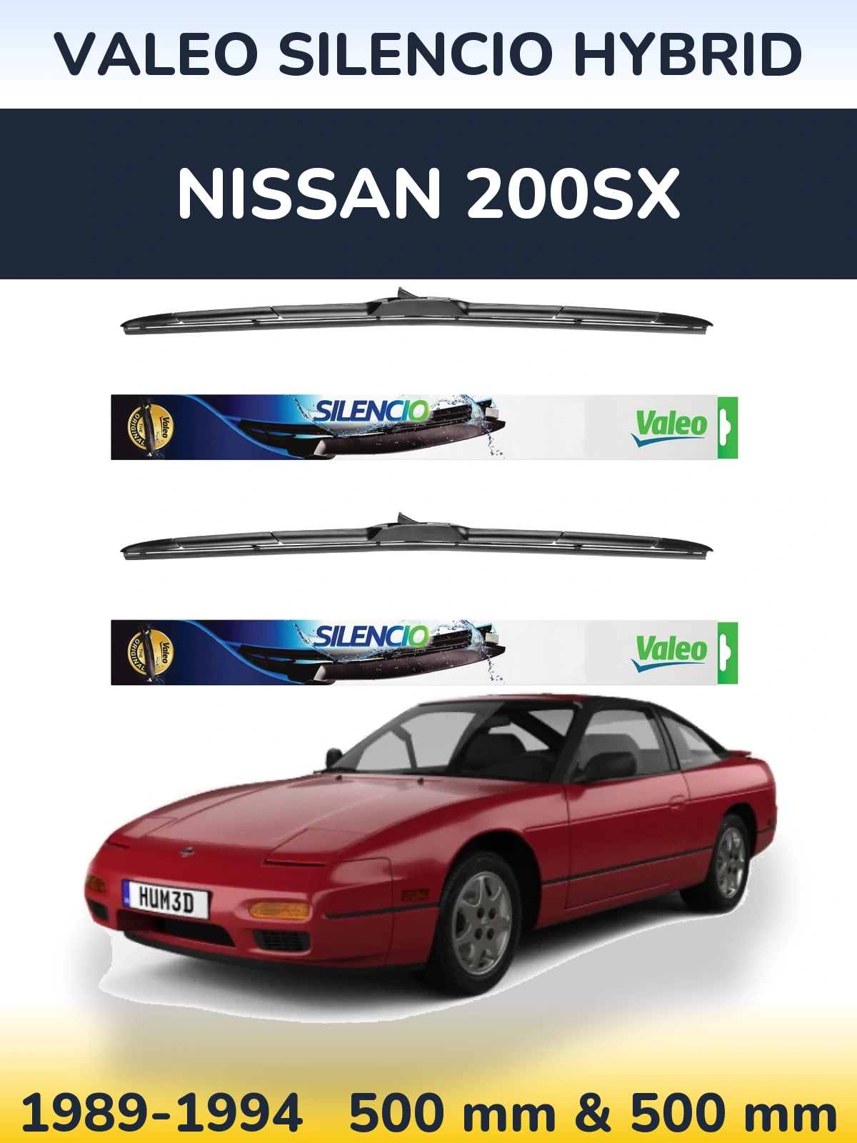 Sada předních stěračů Valeo Silencio Hybrid 500 a 500 mm pro Nissan 200SX 1989-1994