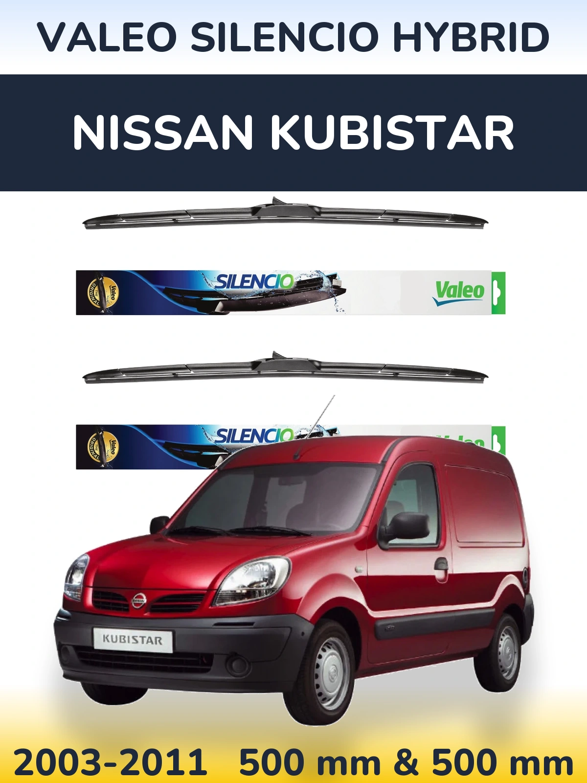 Sada předních stěračů Valeo Silencio Hybrid 500 a 500 mm pro Nissan Kubistar 2003-2011