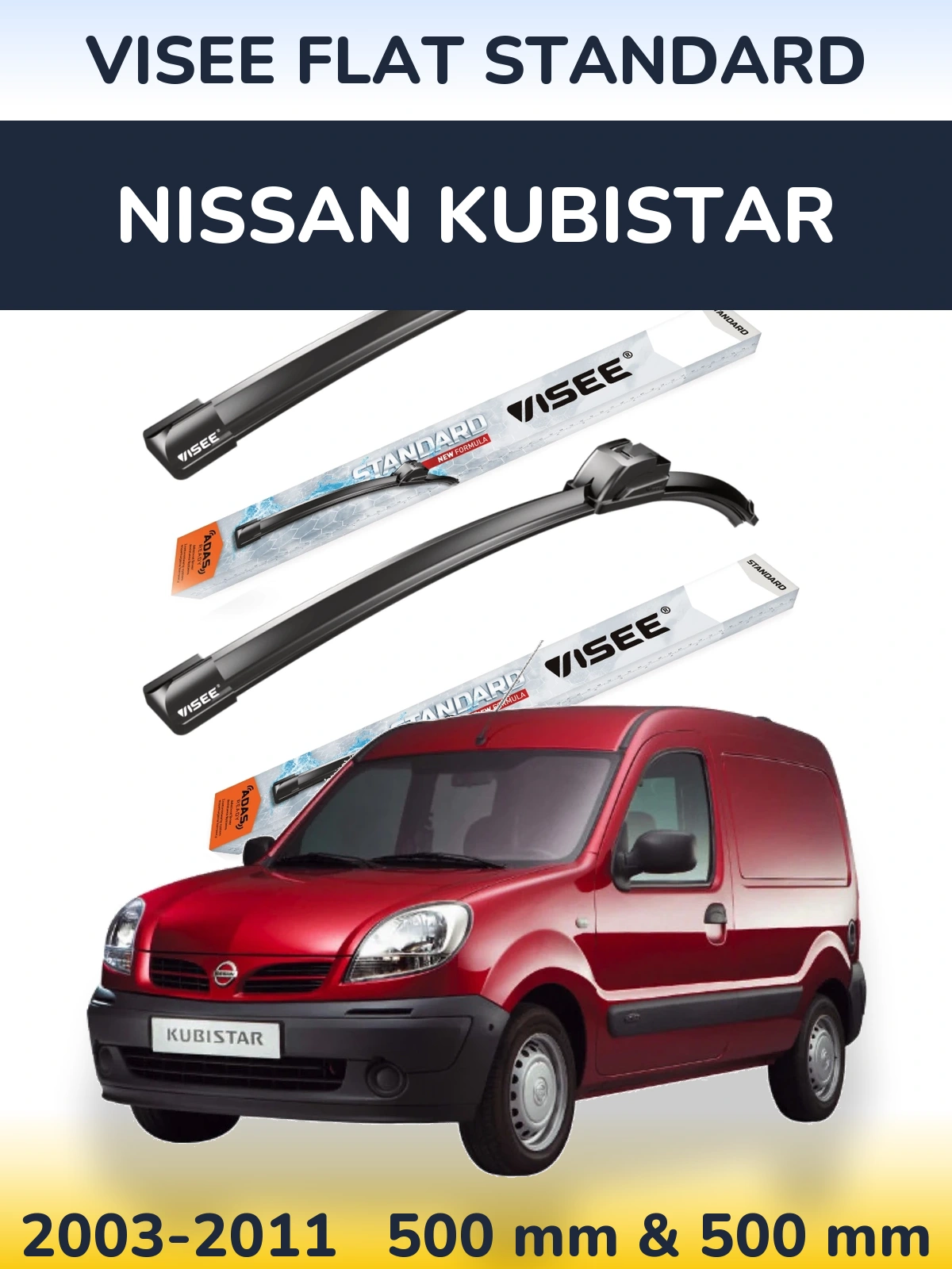 Sada předních stěračů VISEE FLAT STANDARD 500 a 500 mm pro Nissan Kubistar 2003-2011
