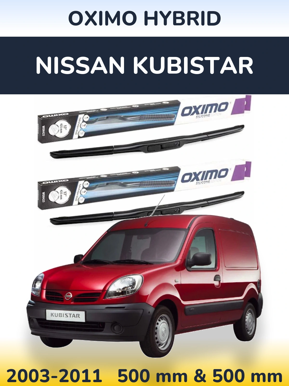 Sada předních stěračů Oximo Hybrid 500 a 500 mm pro Nissan Kubistar 2003-2011