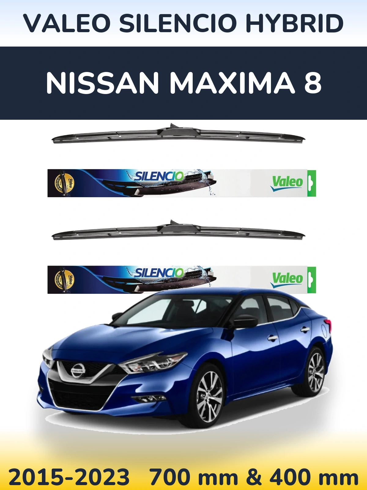 Sada předních stěračů Valeo Silencio Hybrid 700 a 400 mm pro Nissan Maxima 8 2015-2023