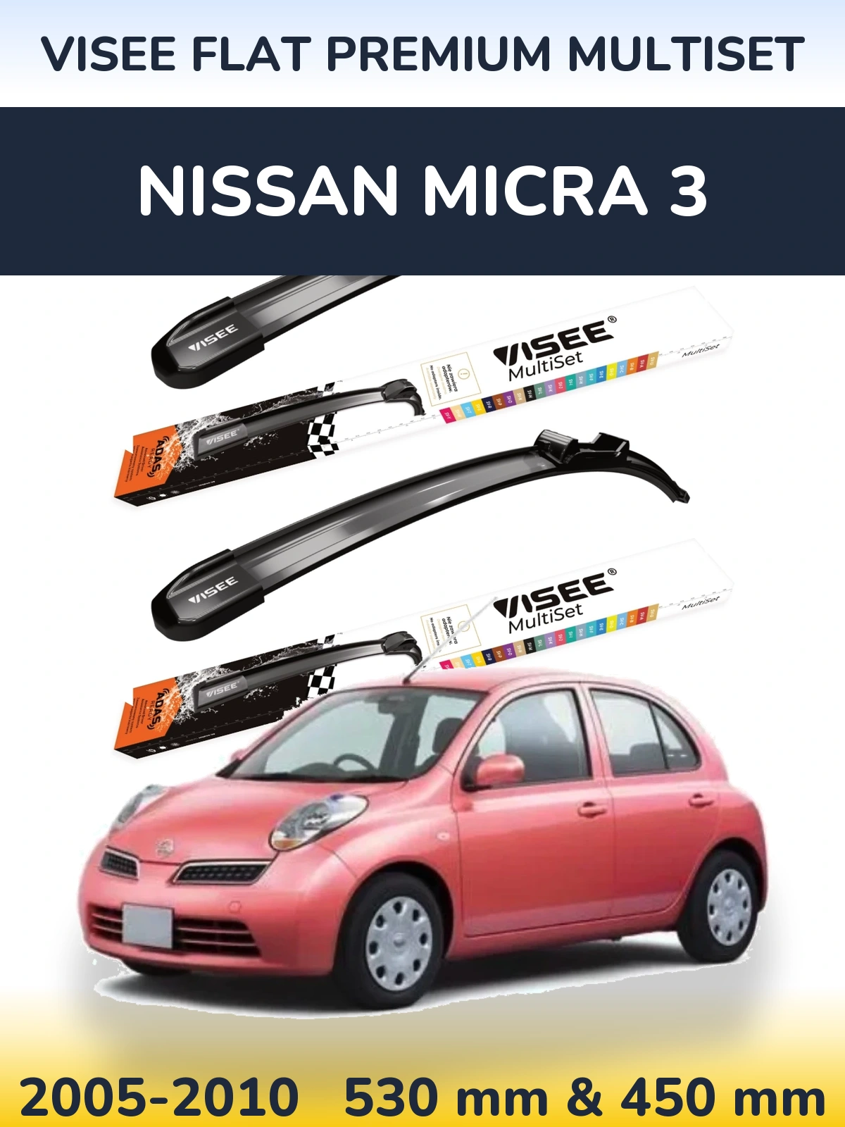 Sada předních stěračů VISEE FLAT PREMIUM MultiSet 530 a 450 mm pro Nissan Micra 3 2005-2010