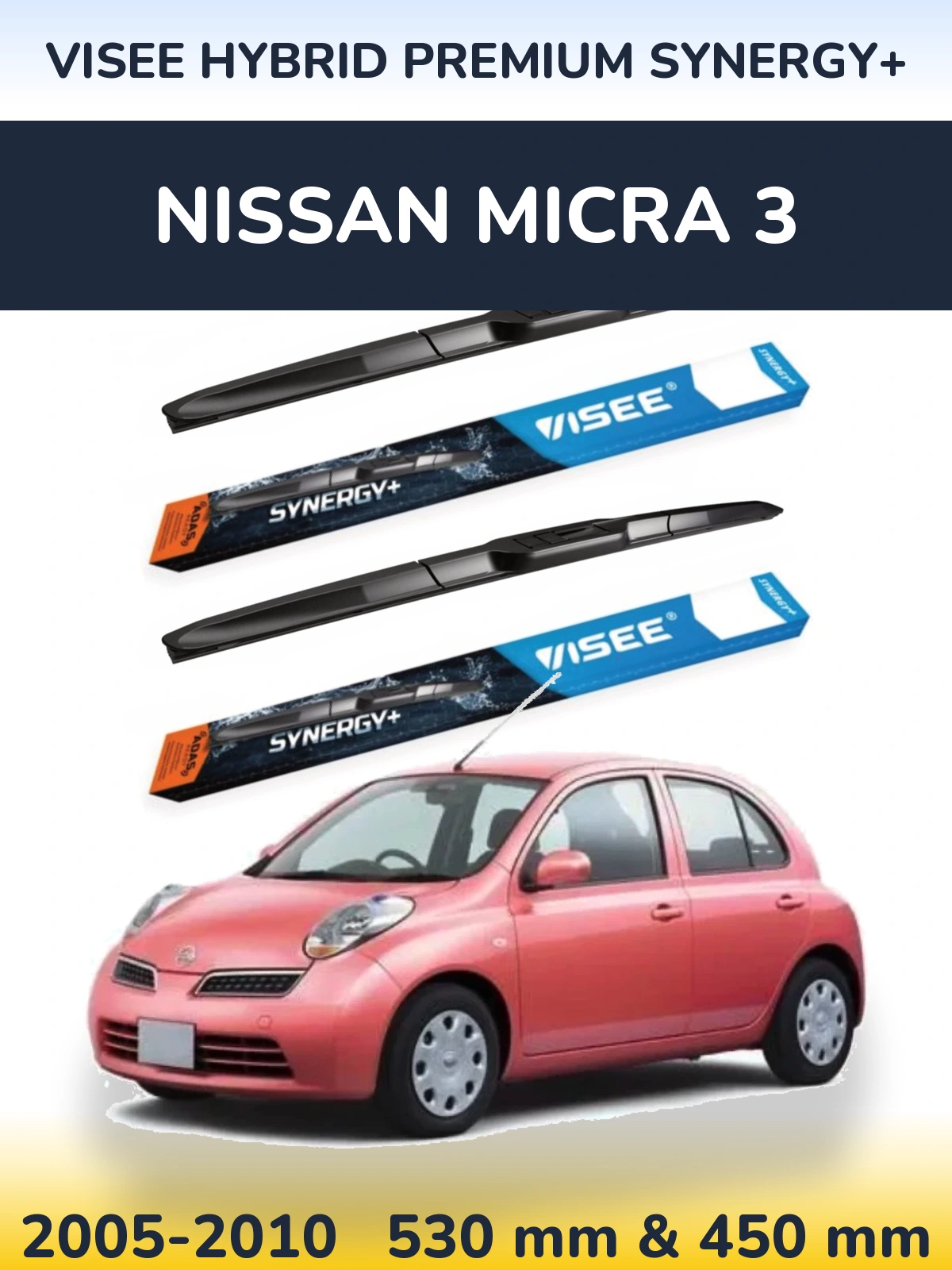 Sada předních stěračů VISEE HYBRID PREMIUM SYNERGY+ 530 a 450 mm pro Nissan Micra 3 2005-2010