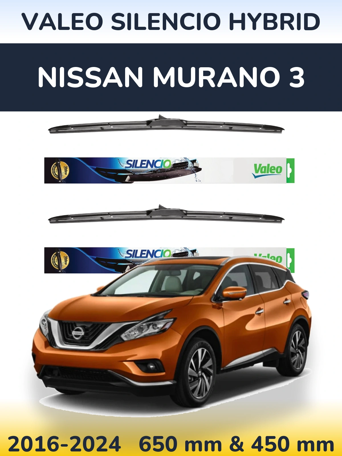 Sada předních stěračů Valeo Silencio Hybrid 650 a 450 mm pro Nissan Murano 3 2016-2024