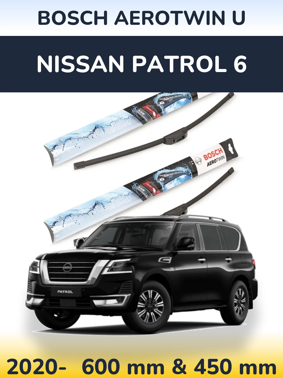 Sada předních stěračů BOSCH AeroTwin U 600 a 450 mm pro Nissan Patrol 6 2020-2026
