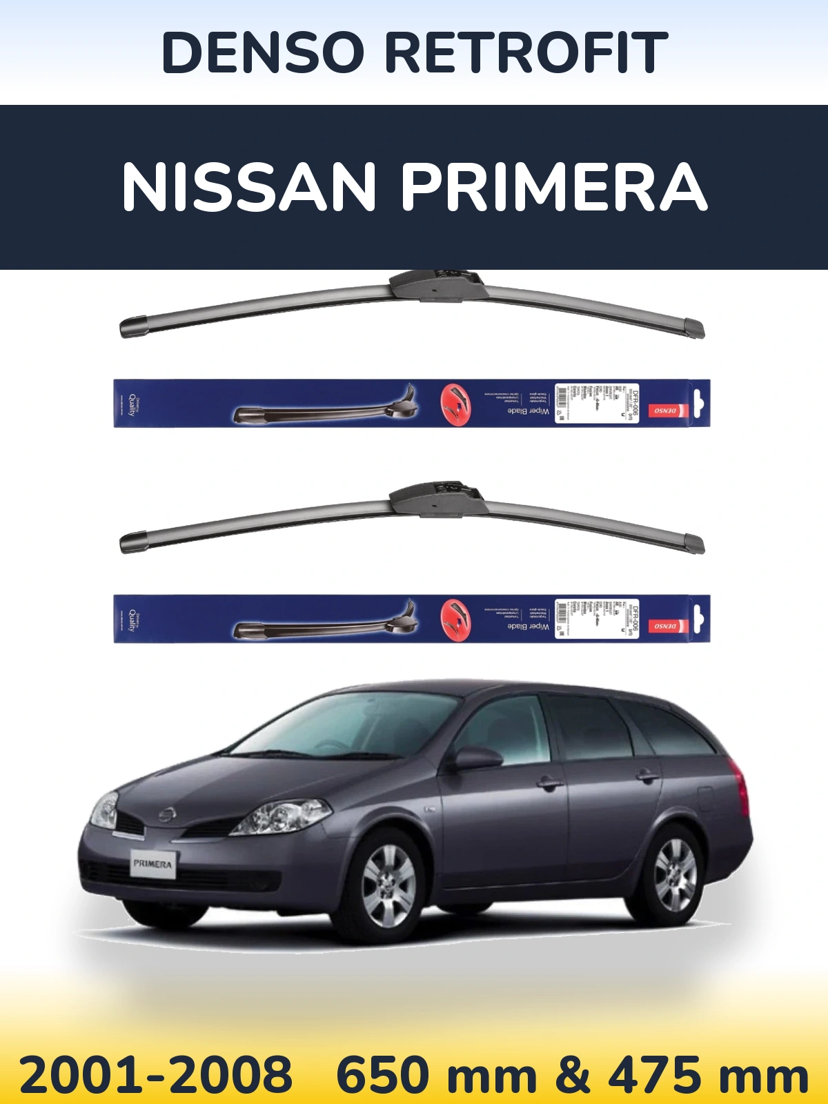 Sada předních stěračů Denso Retrofit 650 a 475 mm pro Nissan Primera 2001-2008