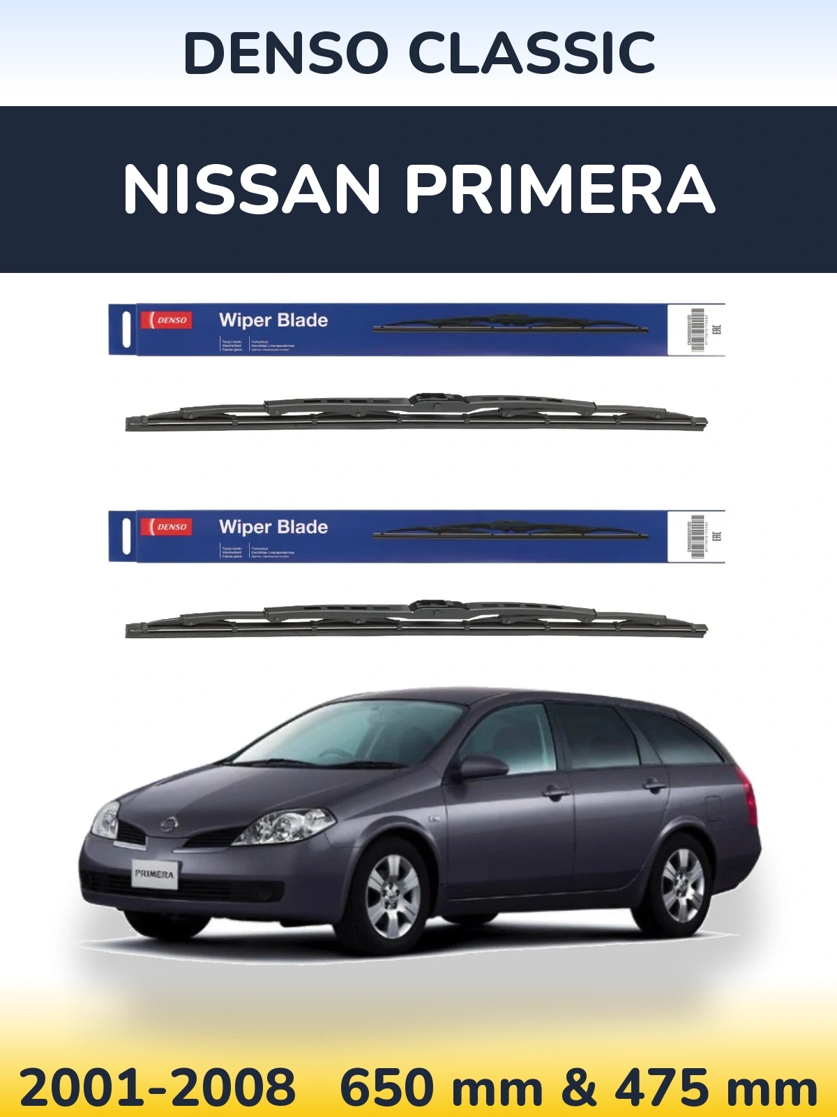 Sada předních stěračů Denso Classic 650 a 475 mm pro Nissan Primera 2001-2008