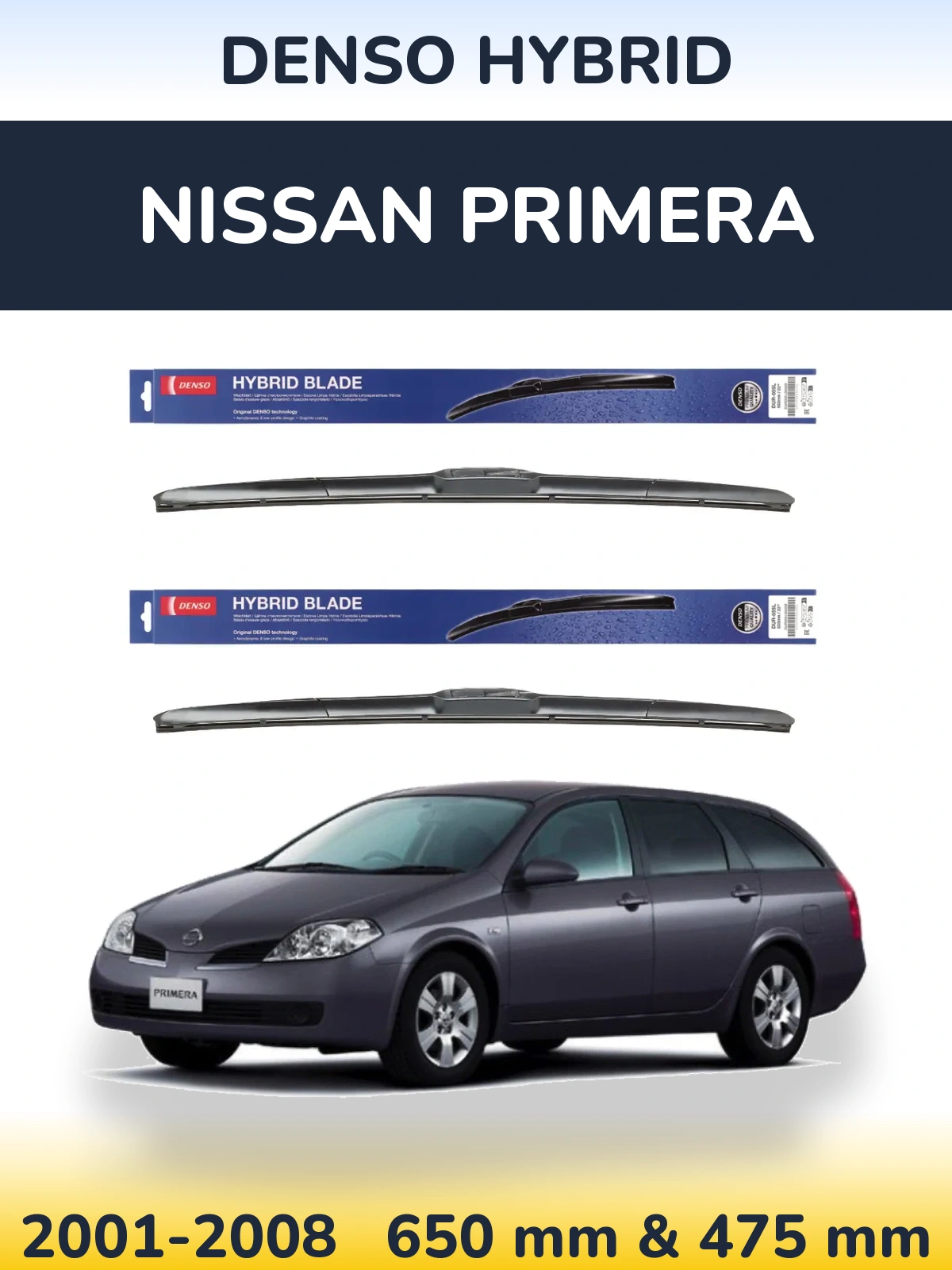 Sada předních stěračů Denso Hybrid 650 a 475 mm pro Nissan Primera 2001-2008