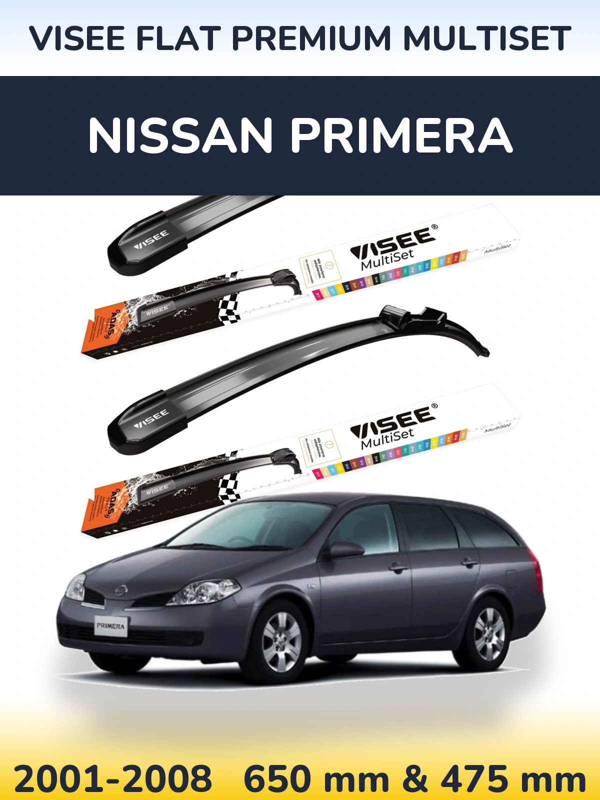 Sada předních stěračů VISEE FLAT PREMIUM MultiSet 650 a 475 mm pro Nissan Primera 2001-2008