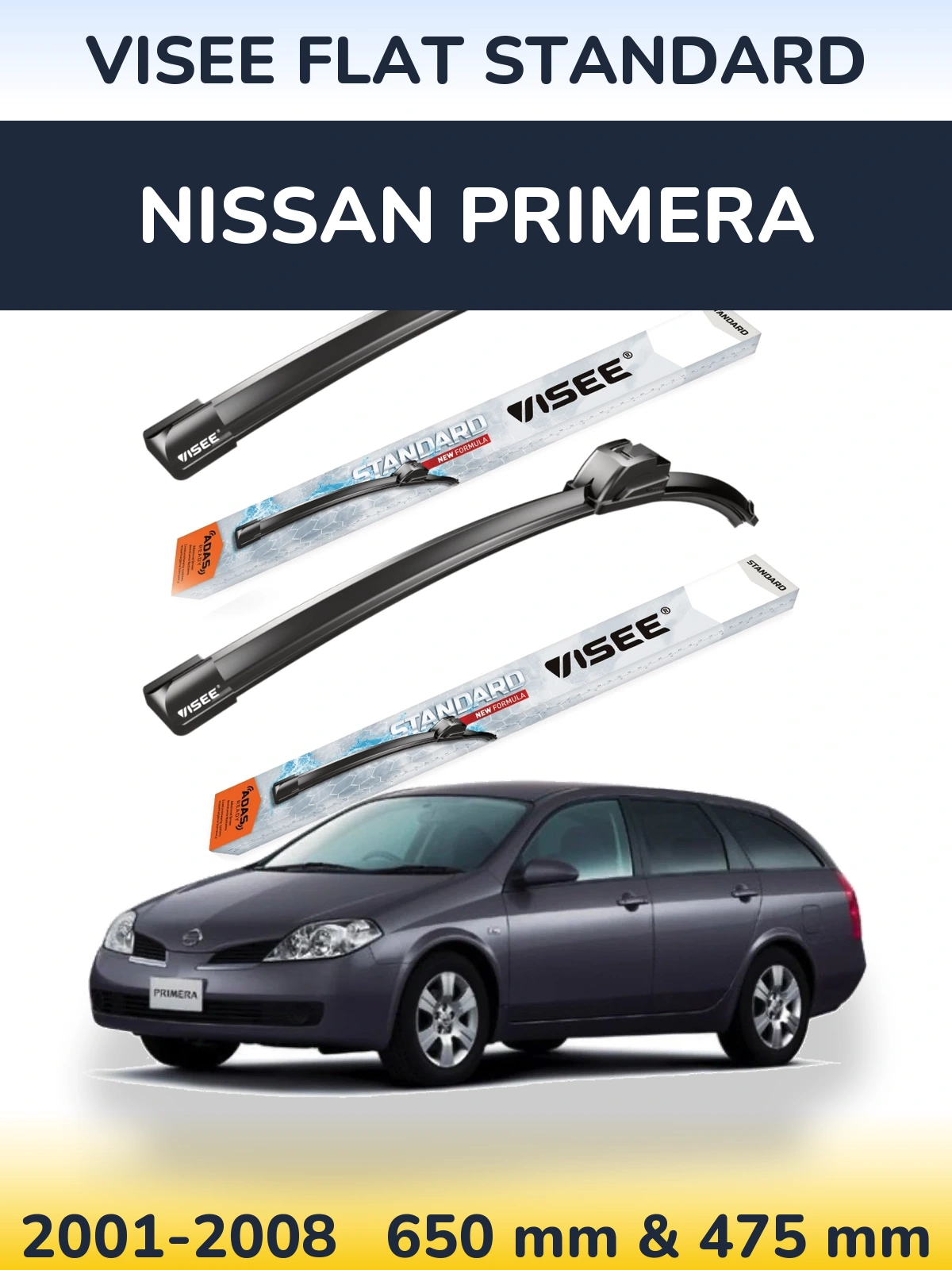 Sada předních stěračů VISEE FLAT STANDARD 650 a 475 mm pro Nissan Primera 2001-2008