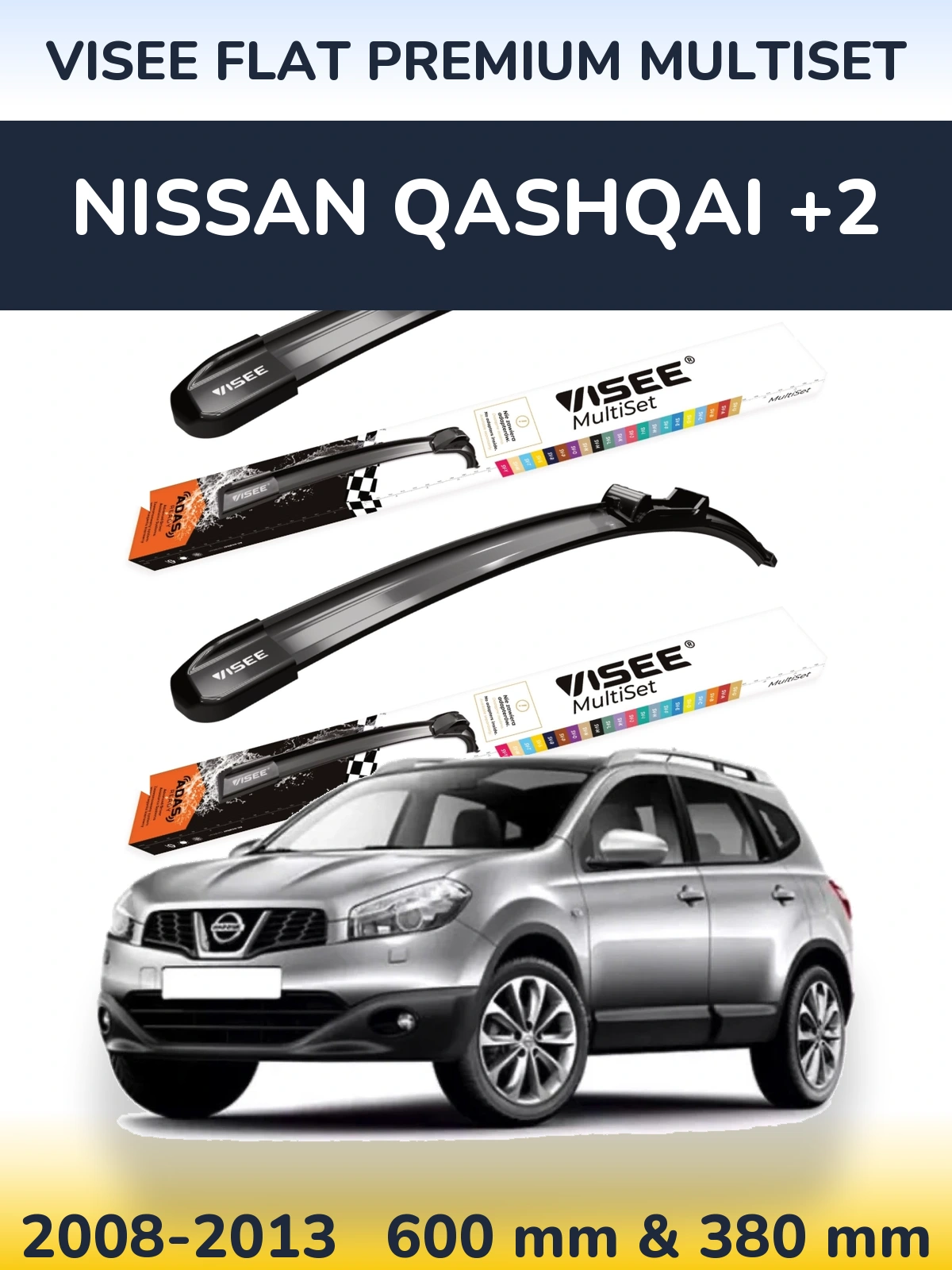 Sada předních stěračů VISEE FLAT PREMIUM MultiSet 600 a 380 mm pro Nissan Qashqai +2 2008-2013