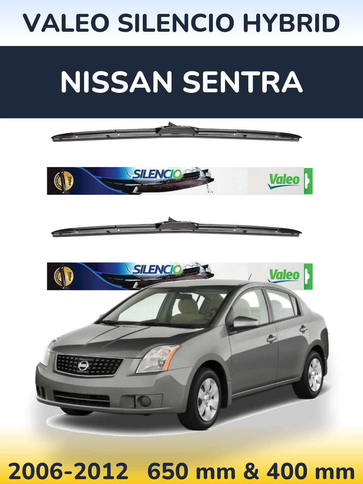 Sada předních stěračů Valeo Silencio Hybrid 650 a 400 mm pro Nissan Sentra 2006-2012