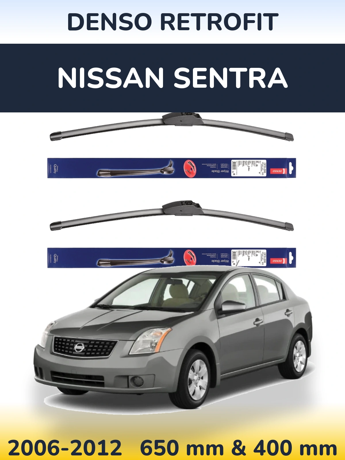 Sada předních stěračů Denso Retrofit 650 a 400 mm pro Nissan Sentra 2006-2012