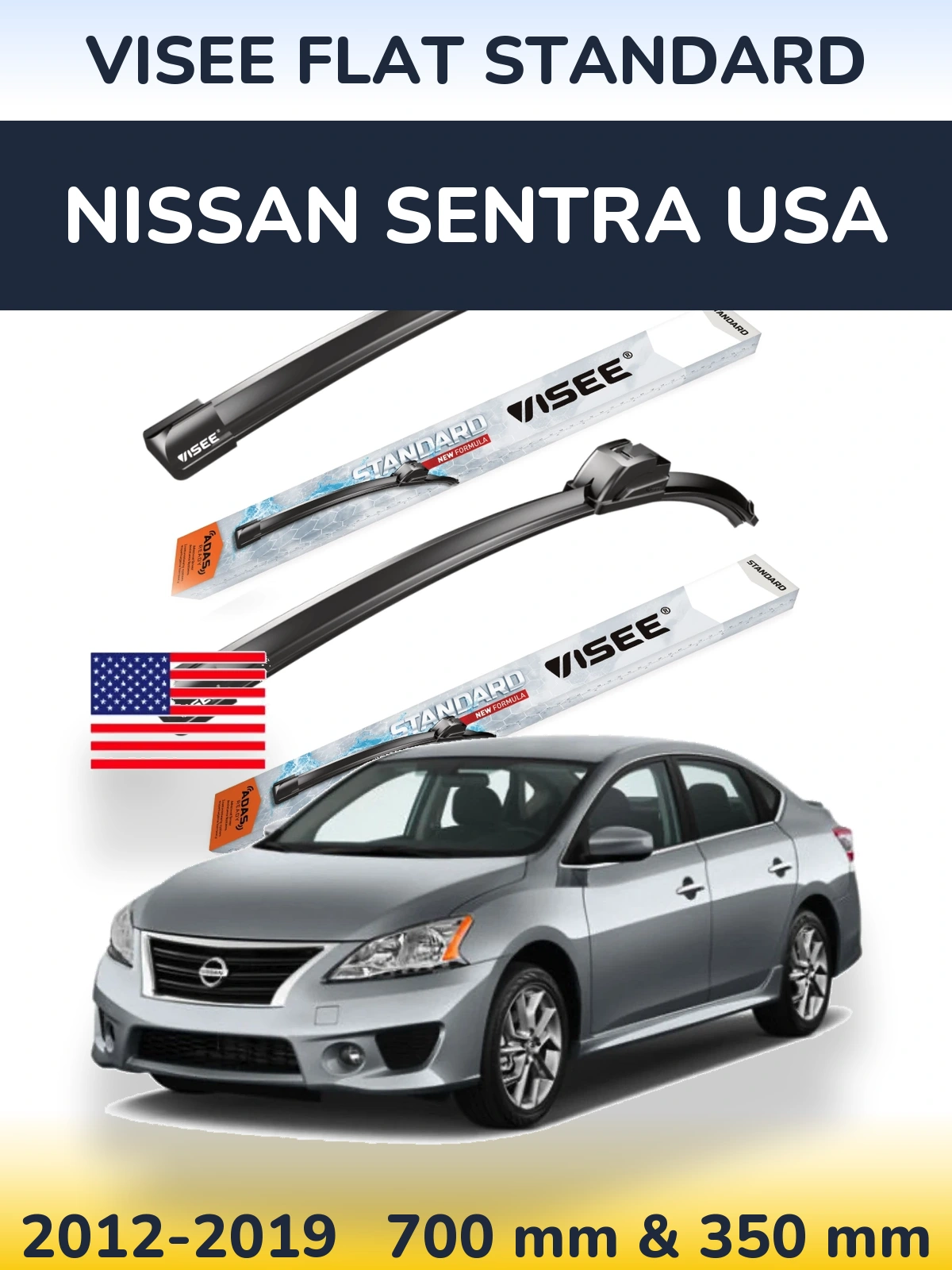 Sada předních stěračů VISEE FLAT STANDARD 700 a 350 mm pro Nissan Sentra USA 2012-2019