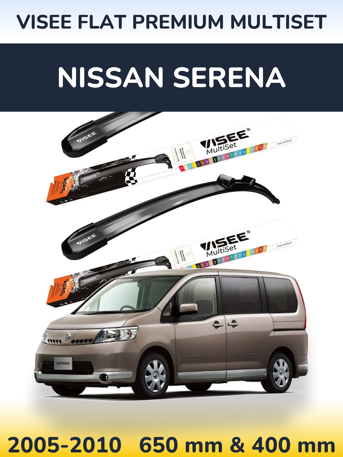 Sada předních stěračů VISEE FLAT PREMIUM MultiSet 650 a 400 mm pro Nissan Serena 2005-2010