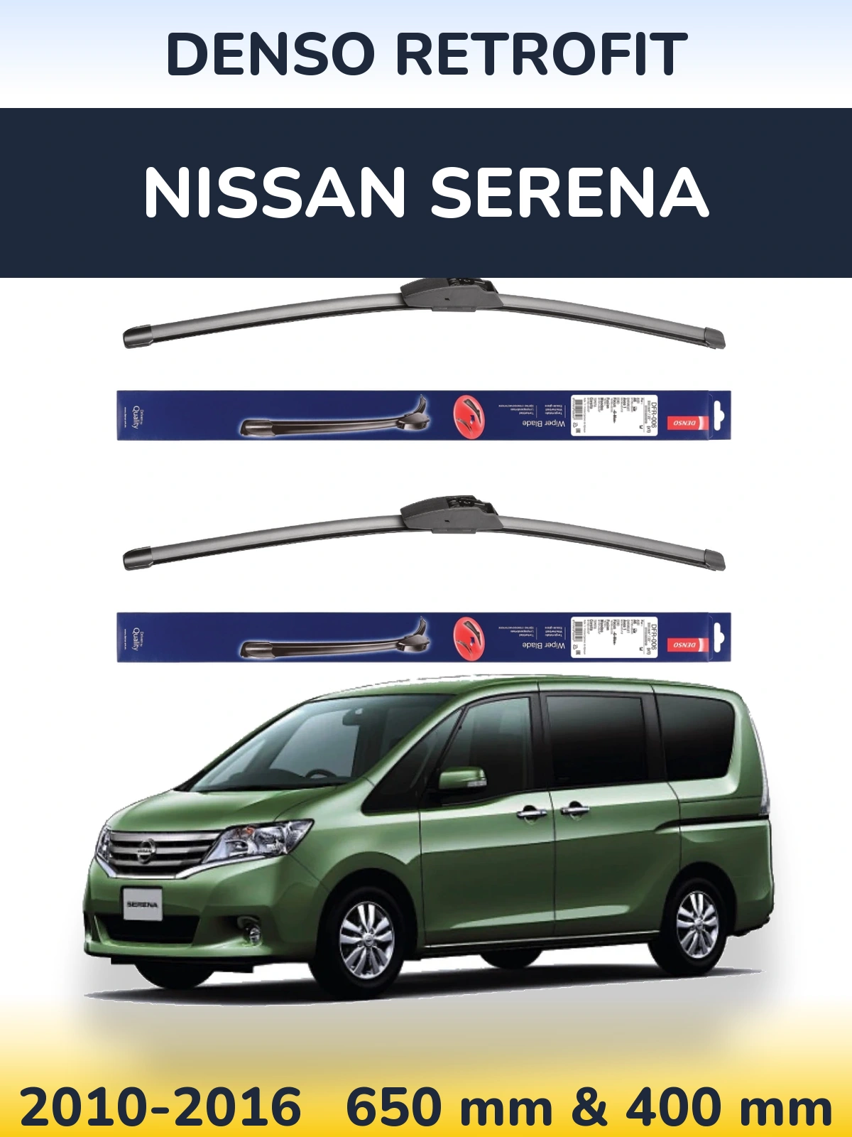 Sada předních stěračů Denso Retrofit 650 a 400 mm pro Nissan Serena 2010-2016