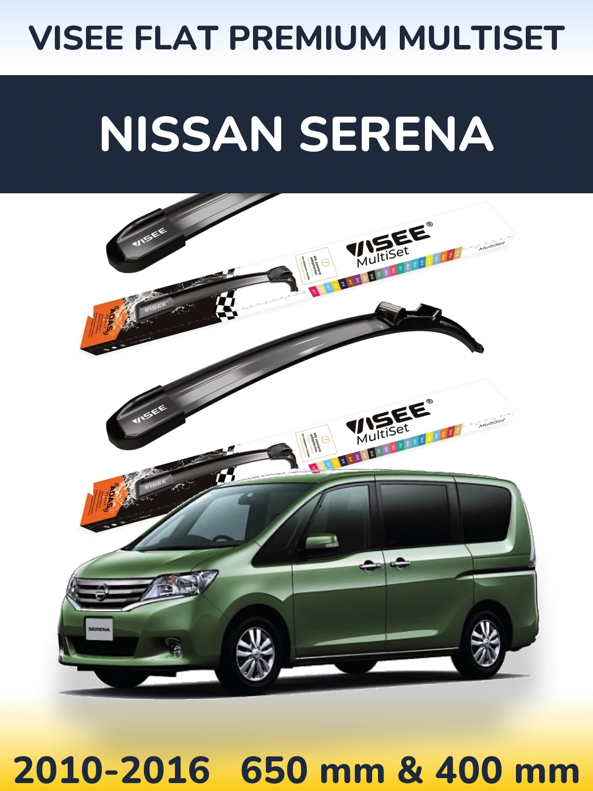 Sada předních stěračů VISEE FLAT PREMIUM MultiSet 650 a 400 mm pro Nissan Serena 2010-2016