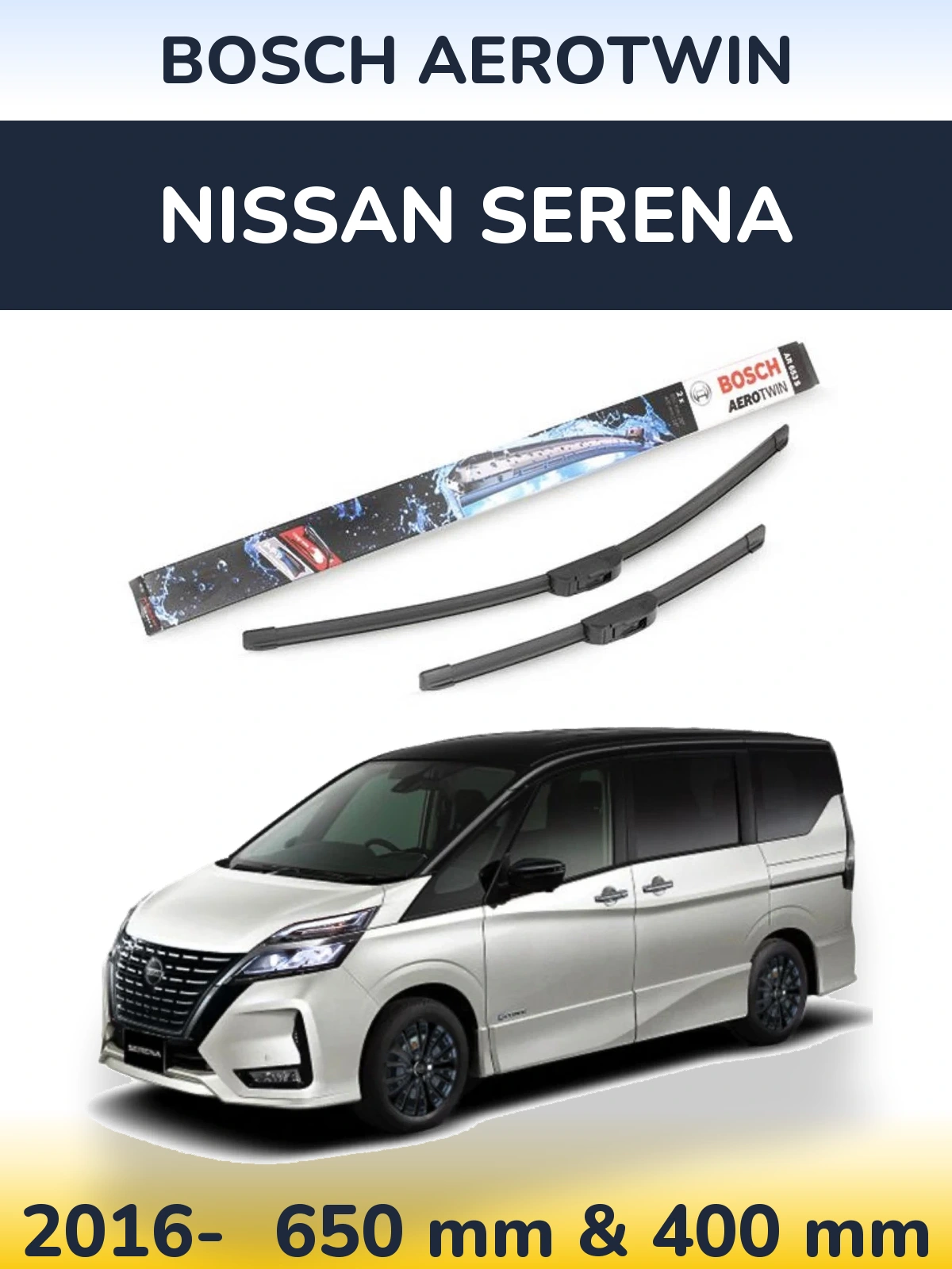 Sada předních stěračů BOSCH AeroTwin 650 a 400 mm pro Nissan Serena 2016-2026