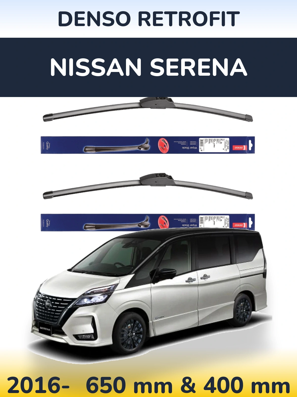 Sada předních stěračů Denso Retrofit 650 a 400 mm pro Nissan Serena 2016-2026