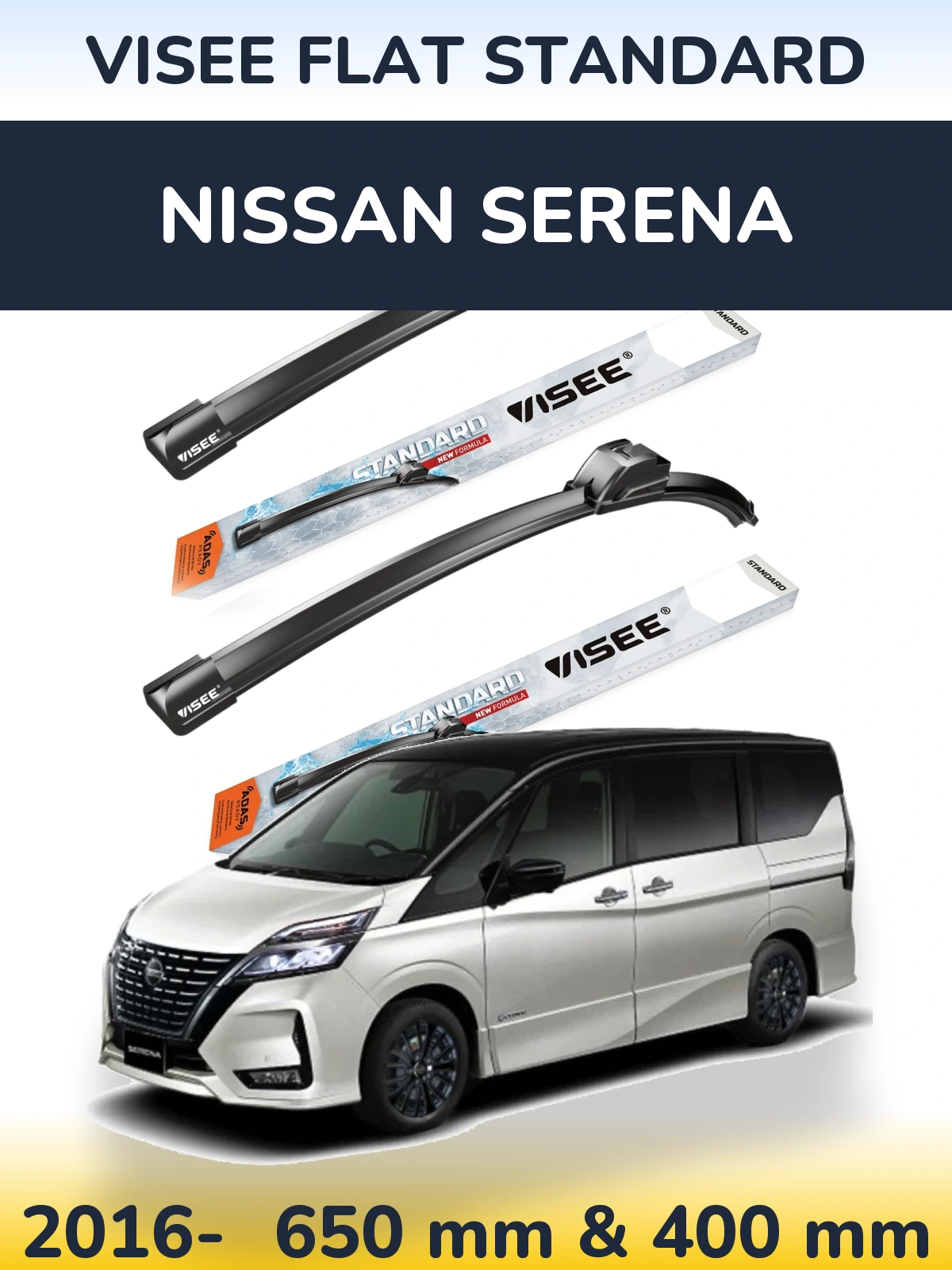 Sada předních stěračů VISEE FLAT STANDARD 650 a 400 mm pro Nissan Serena 2016-2026