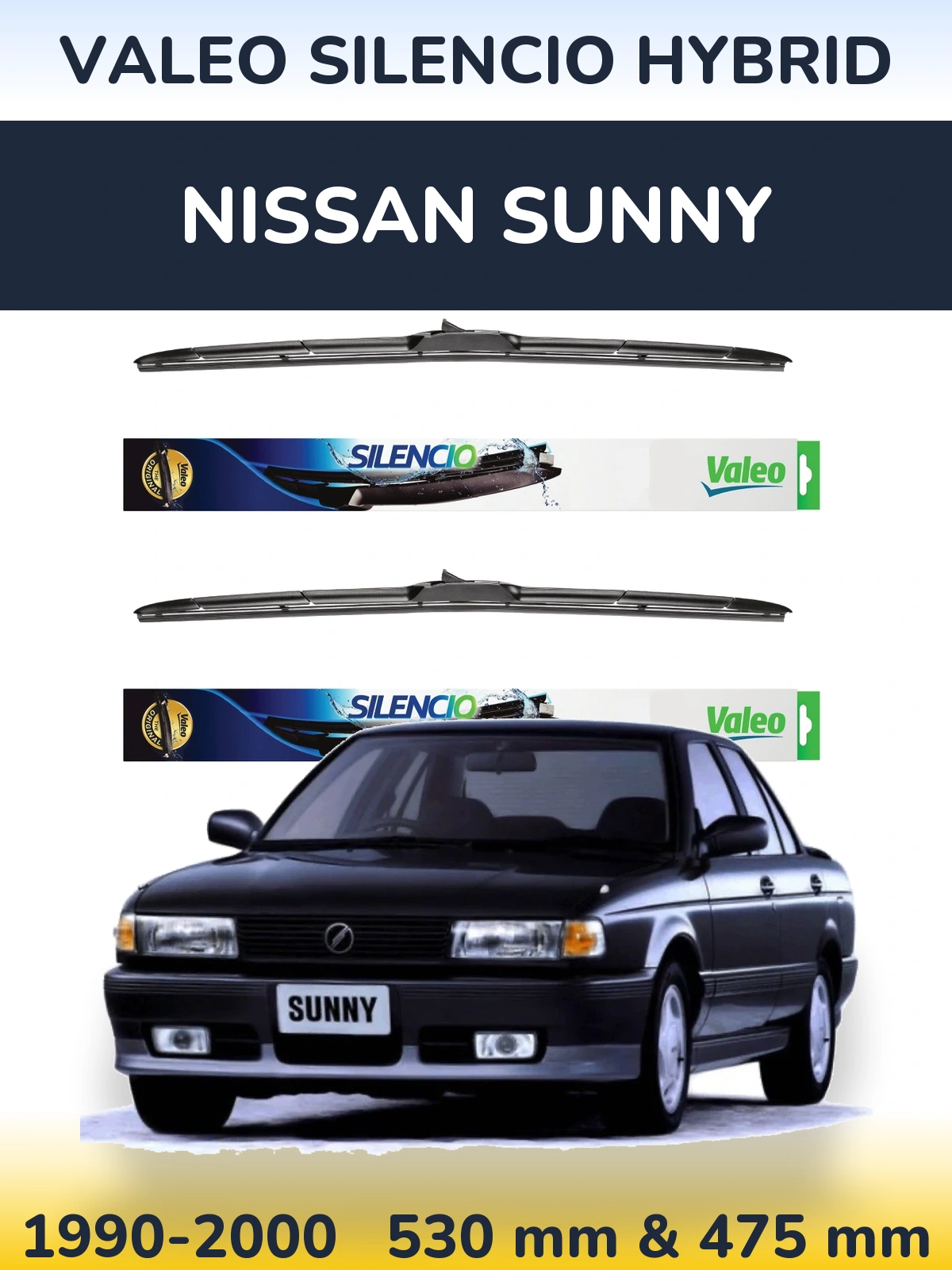 Sada předních stěračů Valeo Silencio Hybrid 530 a 475 mm pro Nissan Sunny 1990-2000