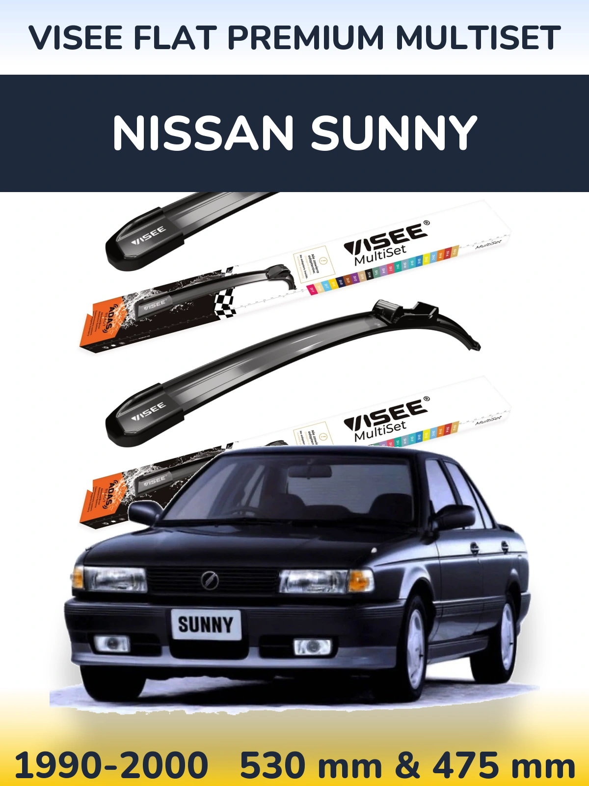 Sada předních stěračů VISEE FLAT PREMIUM MultiSet 530 a 475 mm pro Nissan Sunny 1990-2000