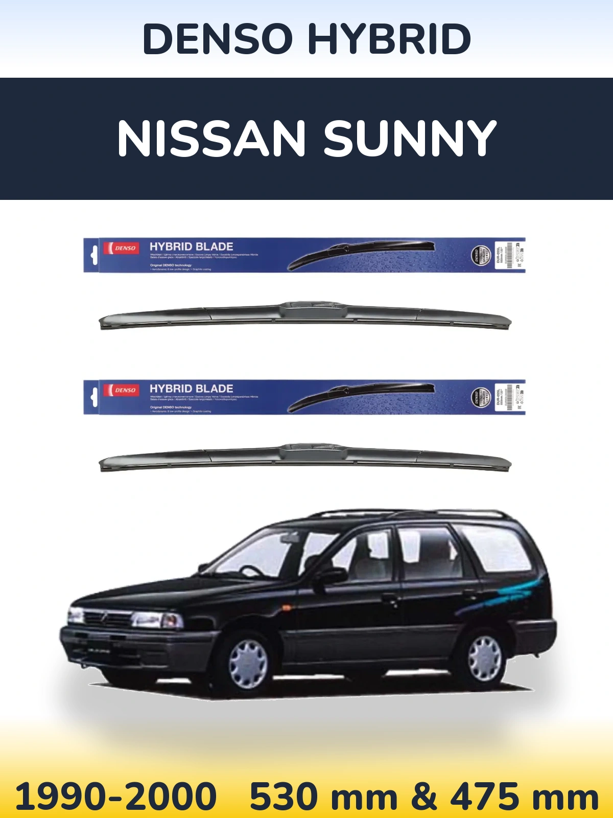 Sada předních stěračů Denso Hybrid 530 a 475 mm pro Nissan Sunny 1990-2000