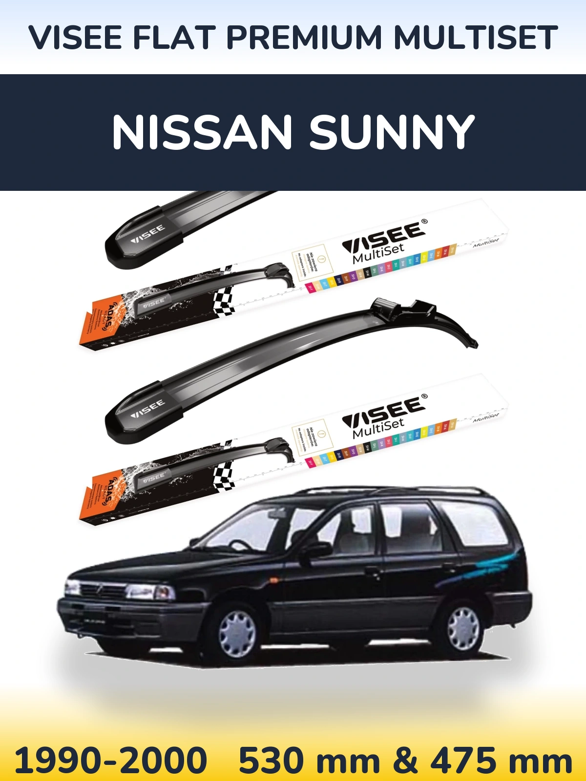 Sada předních stěračů VISEE FLAT PREMIUM MultiSet 530 a 475 mm pro Nissan Sunny 1990-2000