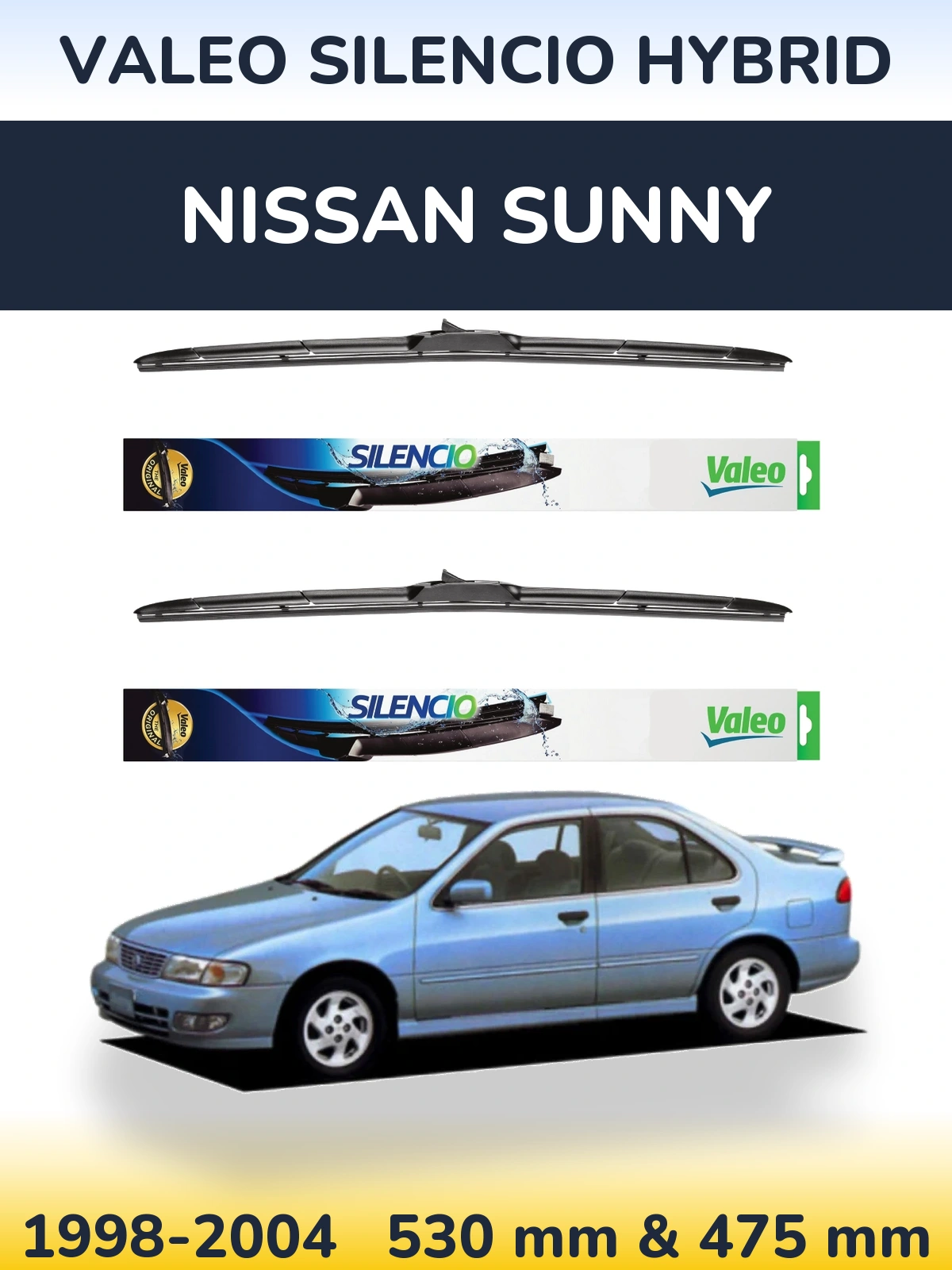 Sada předních stěračů Valeo Silencio Hybrid 530 a 475 mm pro Nissan Sunny 1998-2004