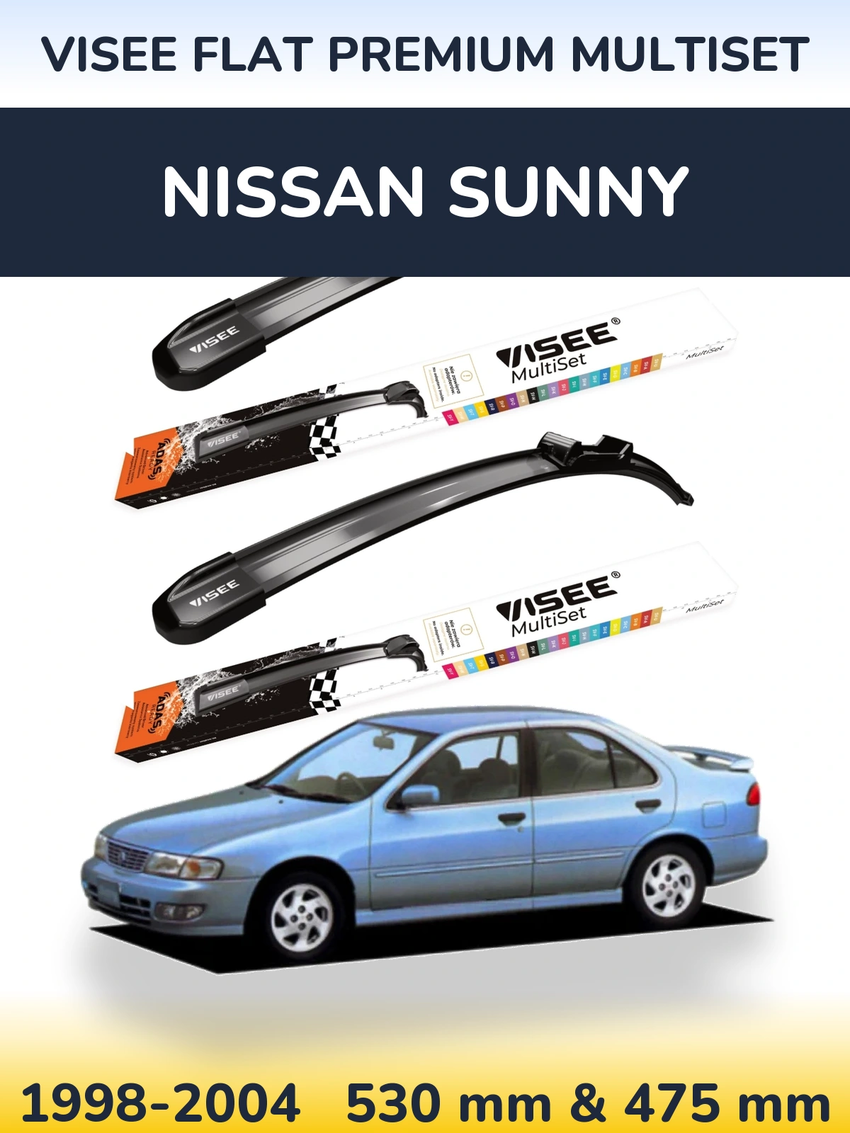 Sada předních stěračů VISEE FLAT PREMIUM MultiSet 530 a 475 mm pro Nissan Sunny 1998-2004