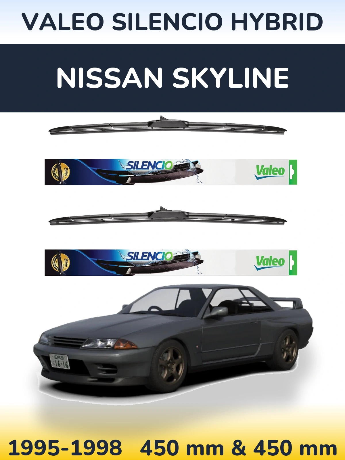 Sada předních stěračů Valeo Silencio Hybrid 450 a 450 mm pro Nissan Skyline 1995-1998