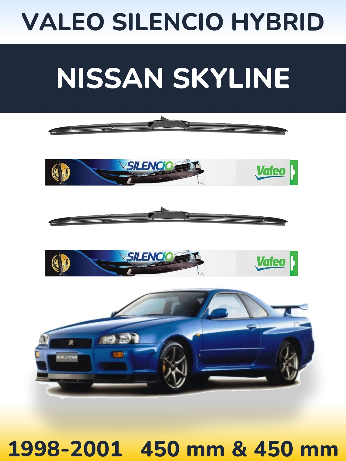 Sada předních stěračů Valeo Silencio Hybrid 450 a 450 mm pro Nissan Skyline 1998-2001