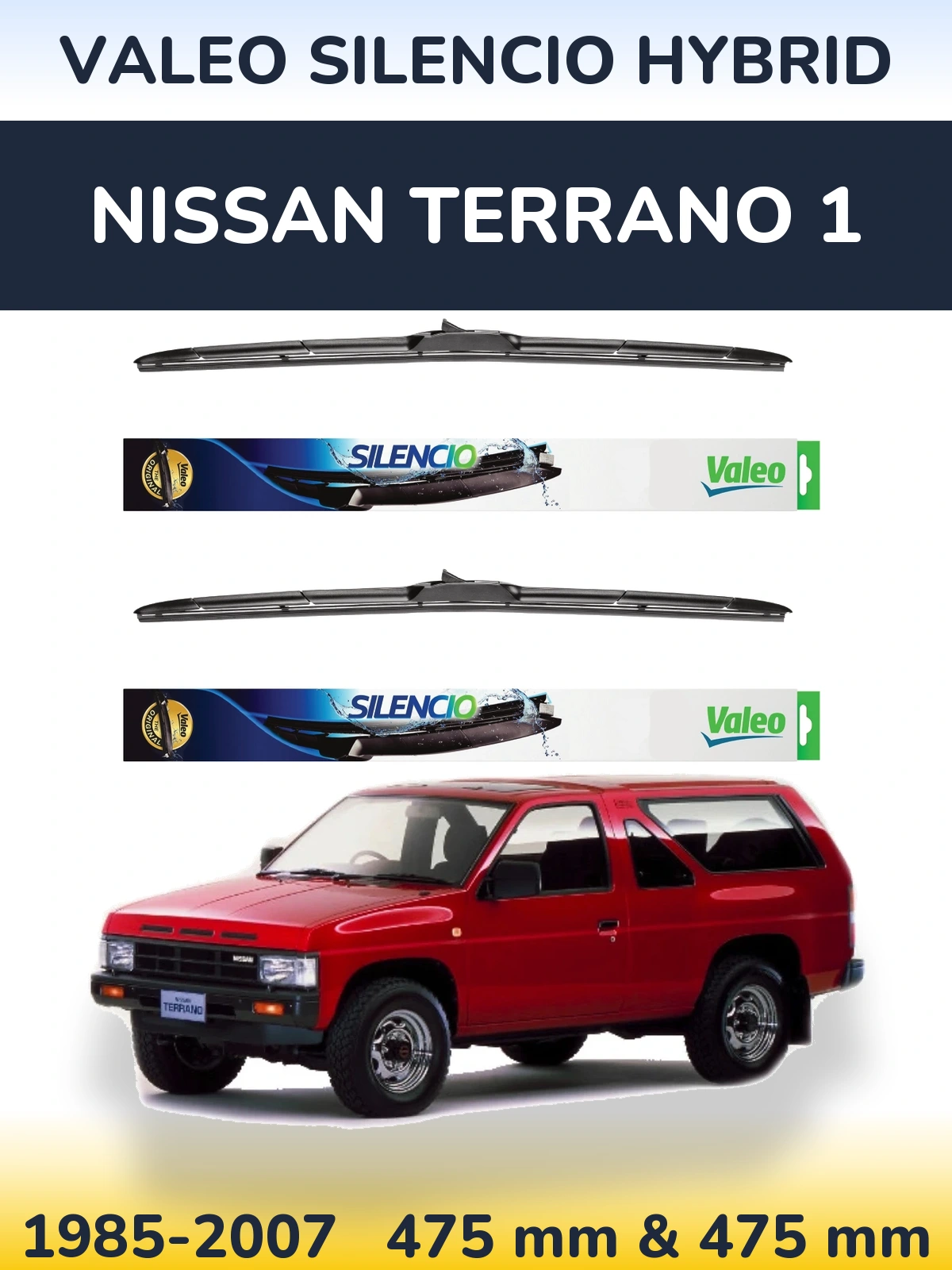 Sada předních stěračů Valeo Silencio Hybrid 475 a 475 mm pro Nissan Terrano 1 1985-2007