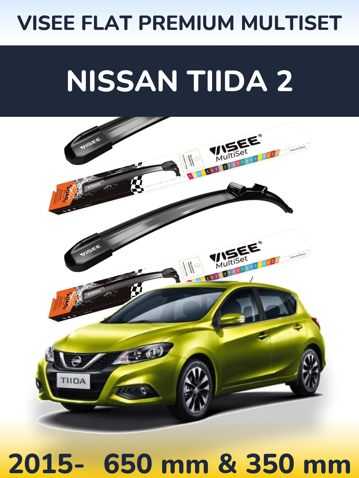 Sada předních stěračů VISEE FLAT PREMIUM MultiSet 650 a 350 mm pro Nissan Tiida 2 2015-2026