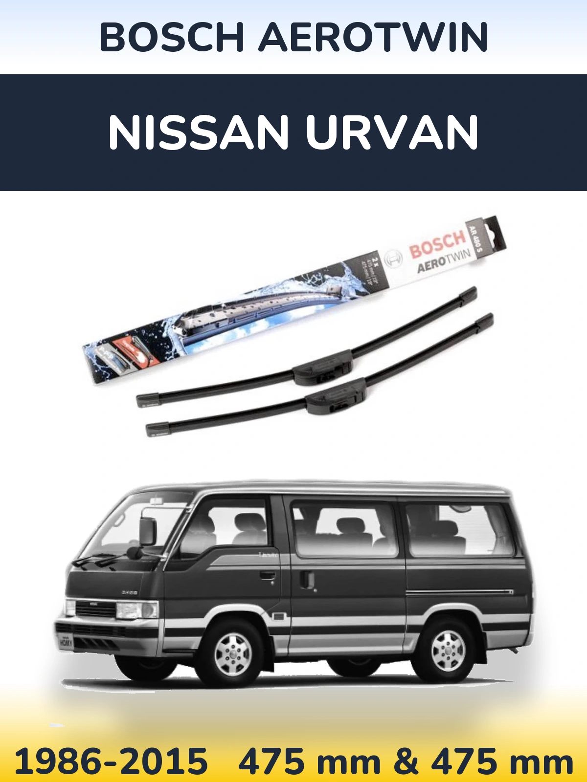 Sada předních stěračů BOSCH AeroTwin 475 a 475 mm pro Nissan Urvan 1986-2015