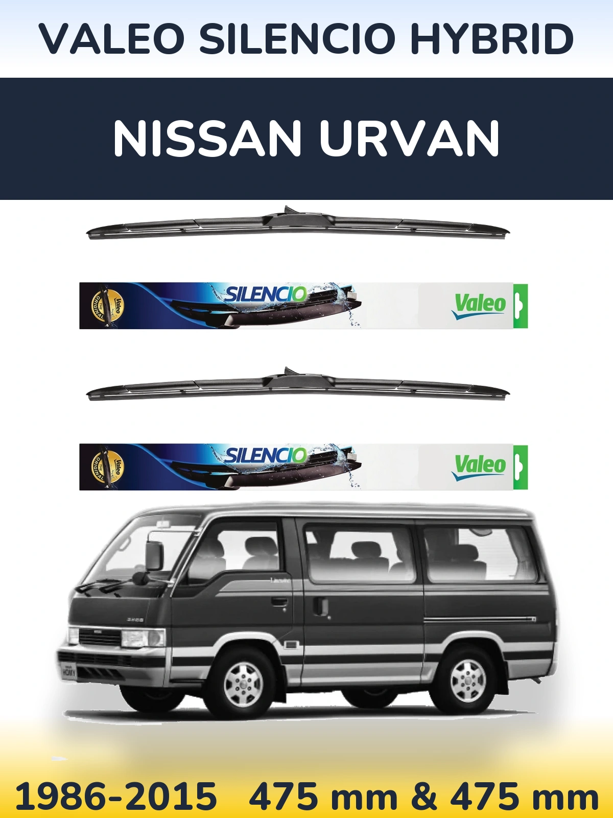 Sada předních stěračů Valeo Silencio Hybrid 475 a 475 mm pro Nissan Urvan 1986-2015