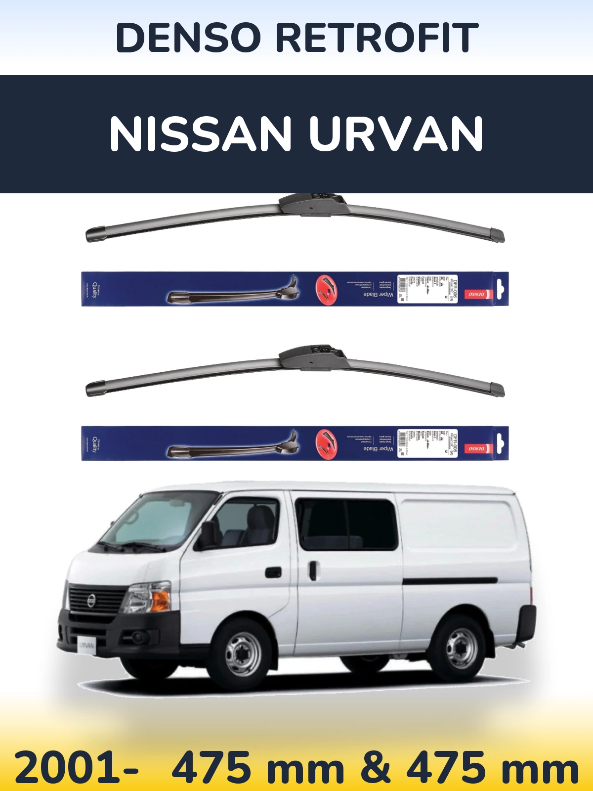 Sada předních stěračů Denso Retrofit 475 a 475 mm pro Nissan Urvan 2001-2026
