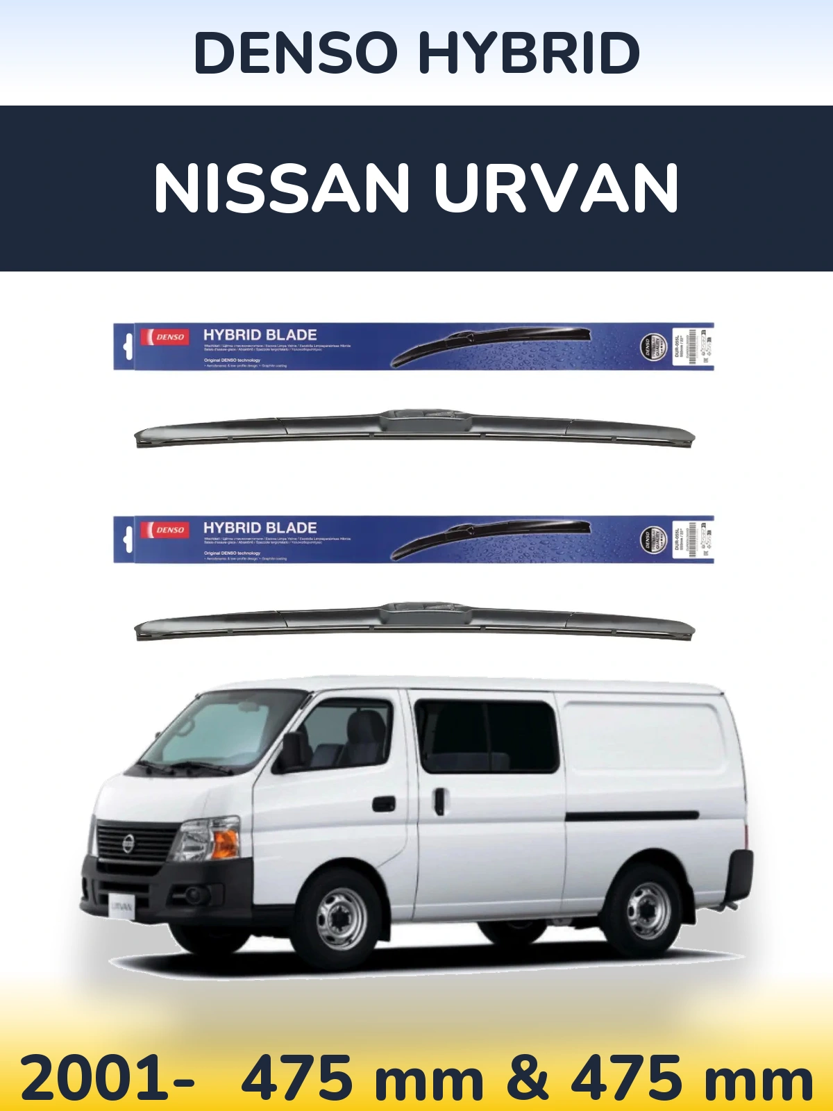 Sada předních stěračů Denso Hybrid 475 a 475 mm pro Nissan Urvan 2001-2026