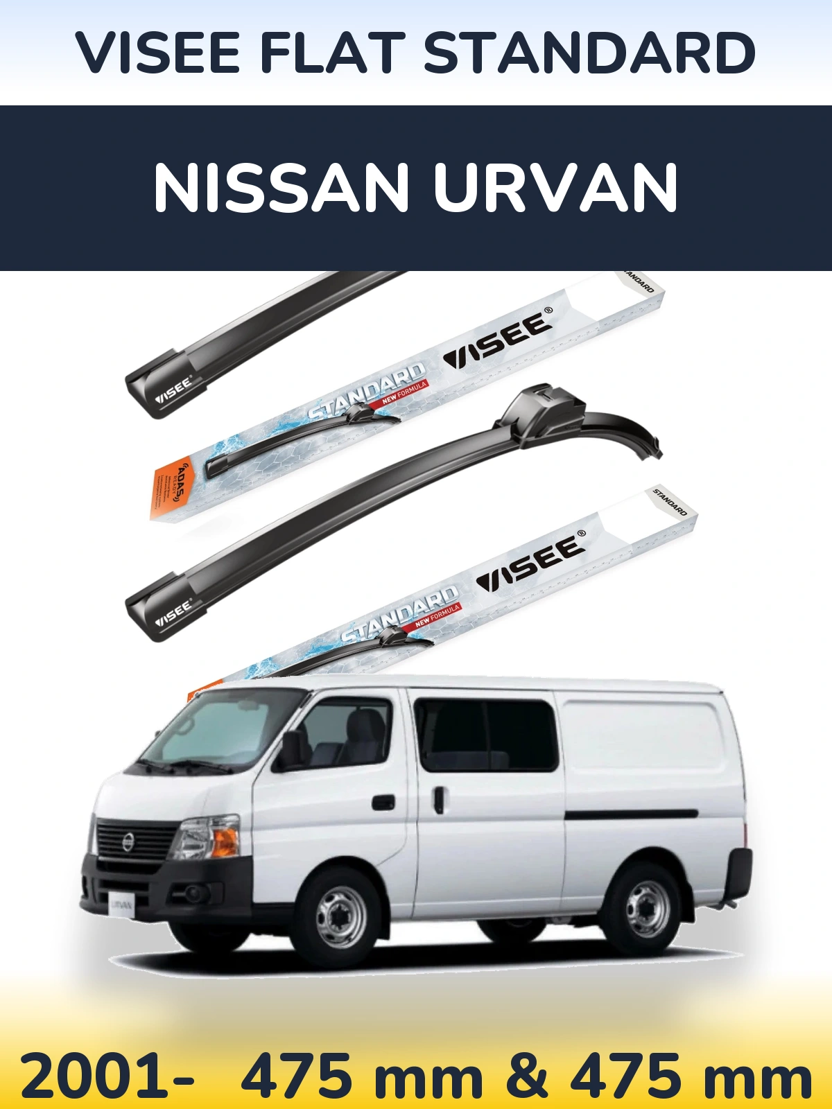 Sada předních stěračů VISEE FLAT STANDARD 475 a 475 mm pro Nissan Urvan 2001-2026