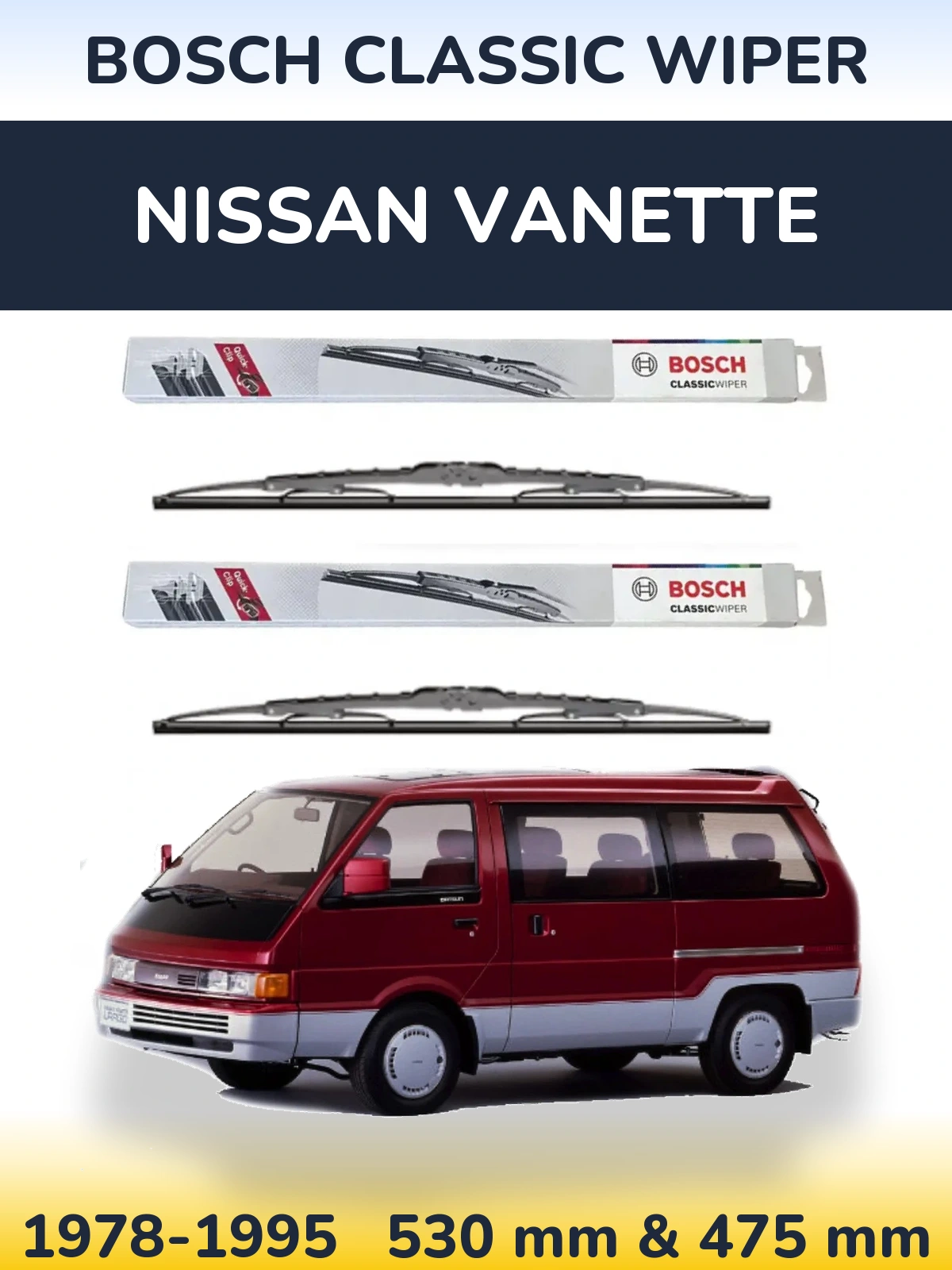 Sada předních stěračů BOSCH Classic Wiper 530 a 475 mm pro Nissan Vanette 1978-1995