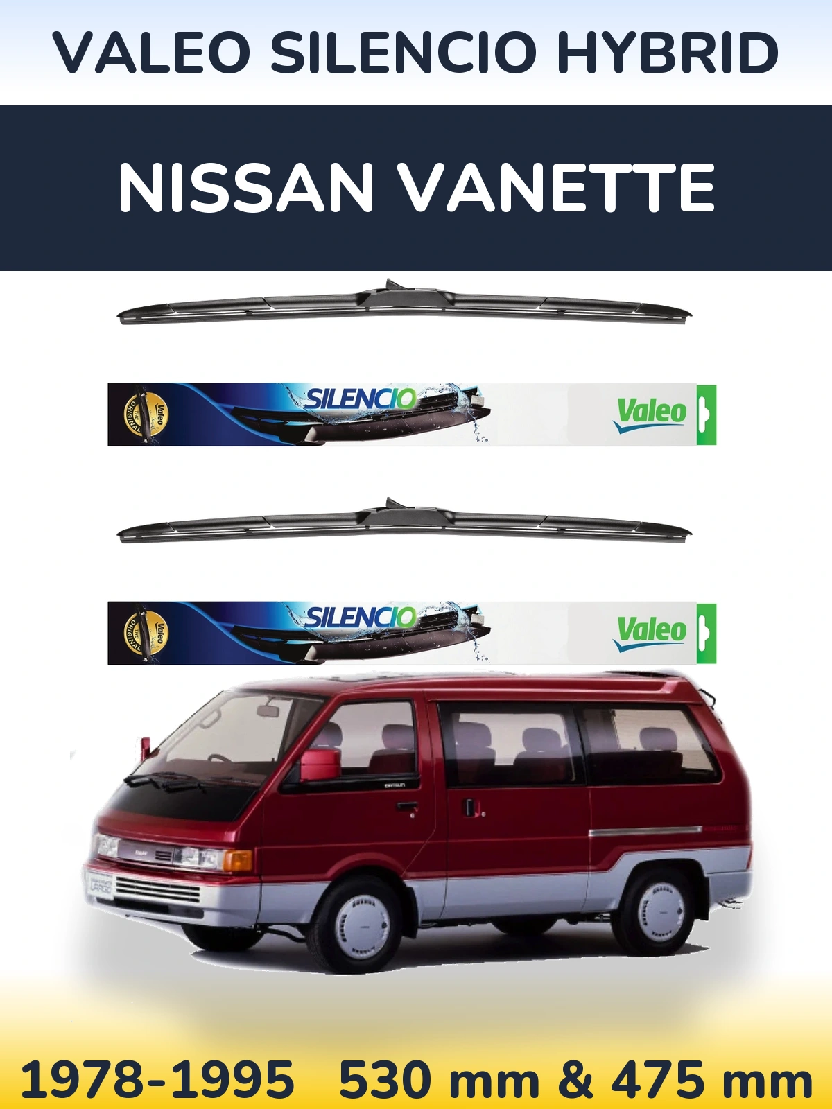 Sada předních stěračů Valeo Silencio Hybrid 530 a 475 mm pro Nissan Vanette 1978-1995