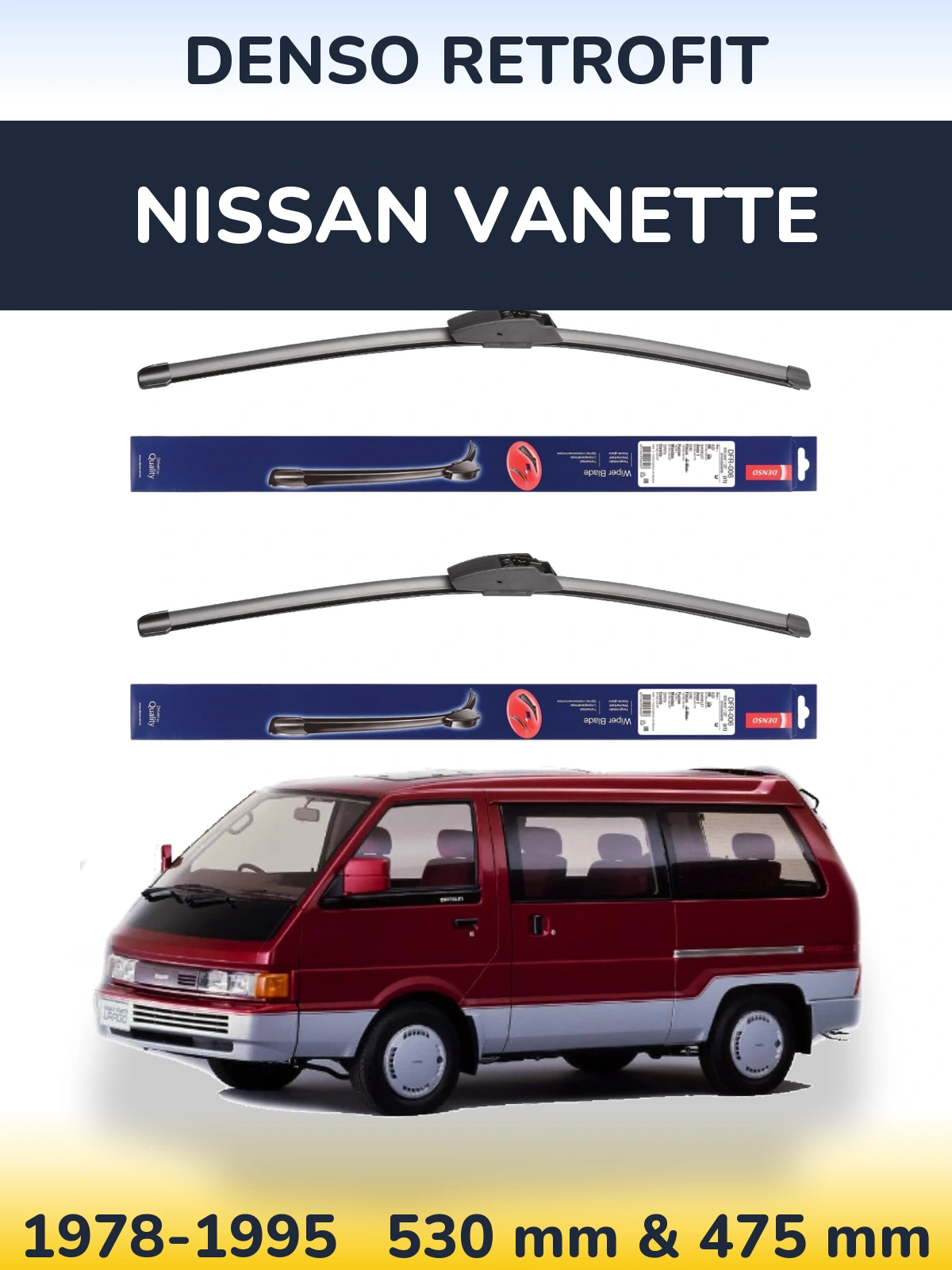 Sada předních stěračů Denso Retrofit 530 a 475 mm pro Nissan Vanette 1978-1995