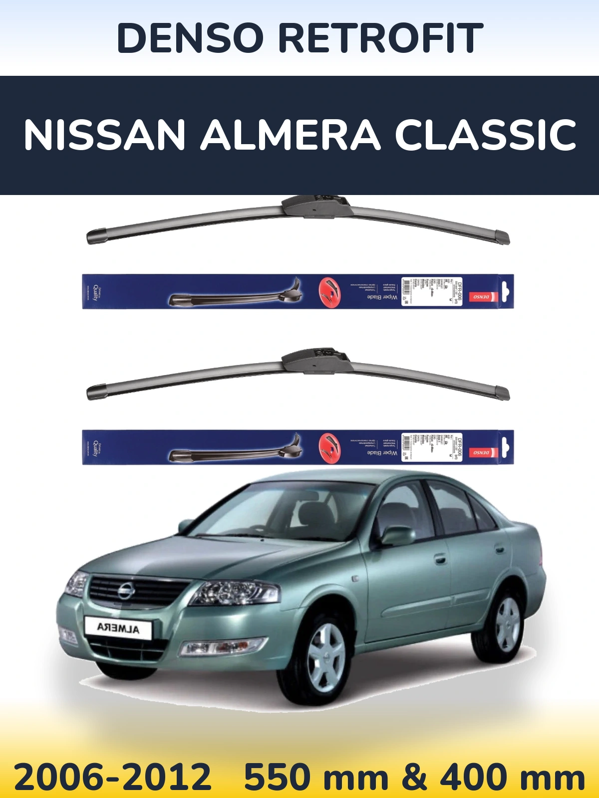 Sada předních stěračů Denso Retrofit 550 a 400 mm pro Nissan Almera Classic 2006-2012