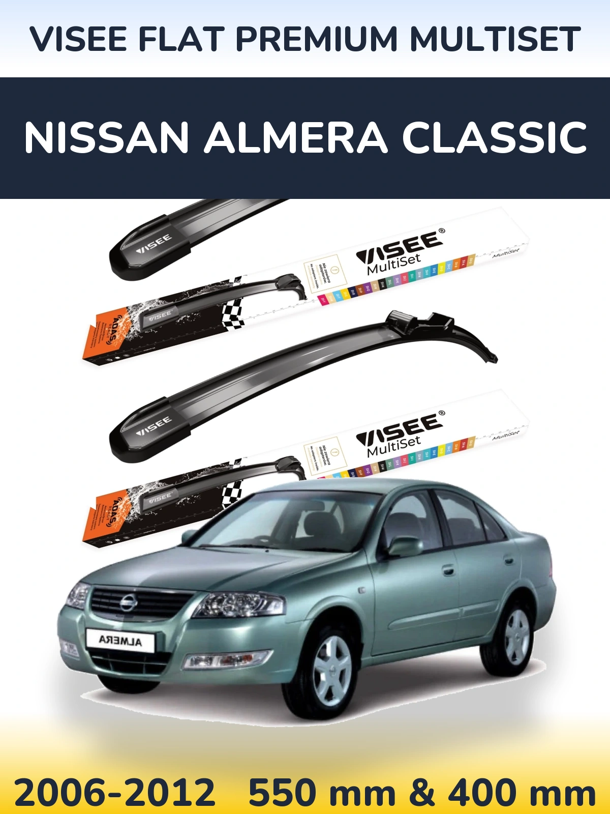 Sada předních stěračů VISEE FLAT PREMIUM MultiSet 550 a 400 mm pro Nissan Almera Classic 2006-2012