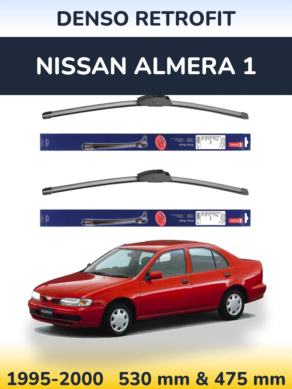 Sada předních stěračů Denso Retrofit 530 a 475 mm pro Nissan Almera 1 1995-2000