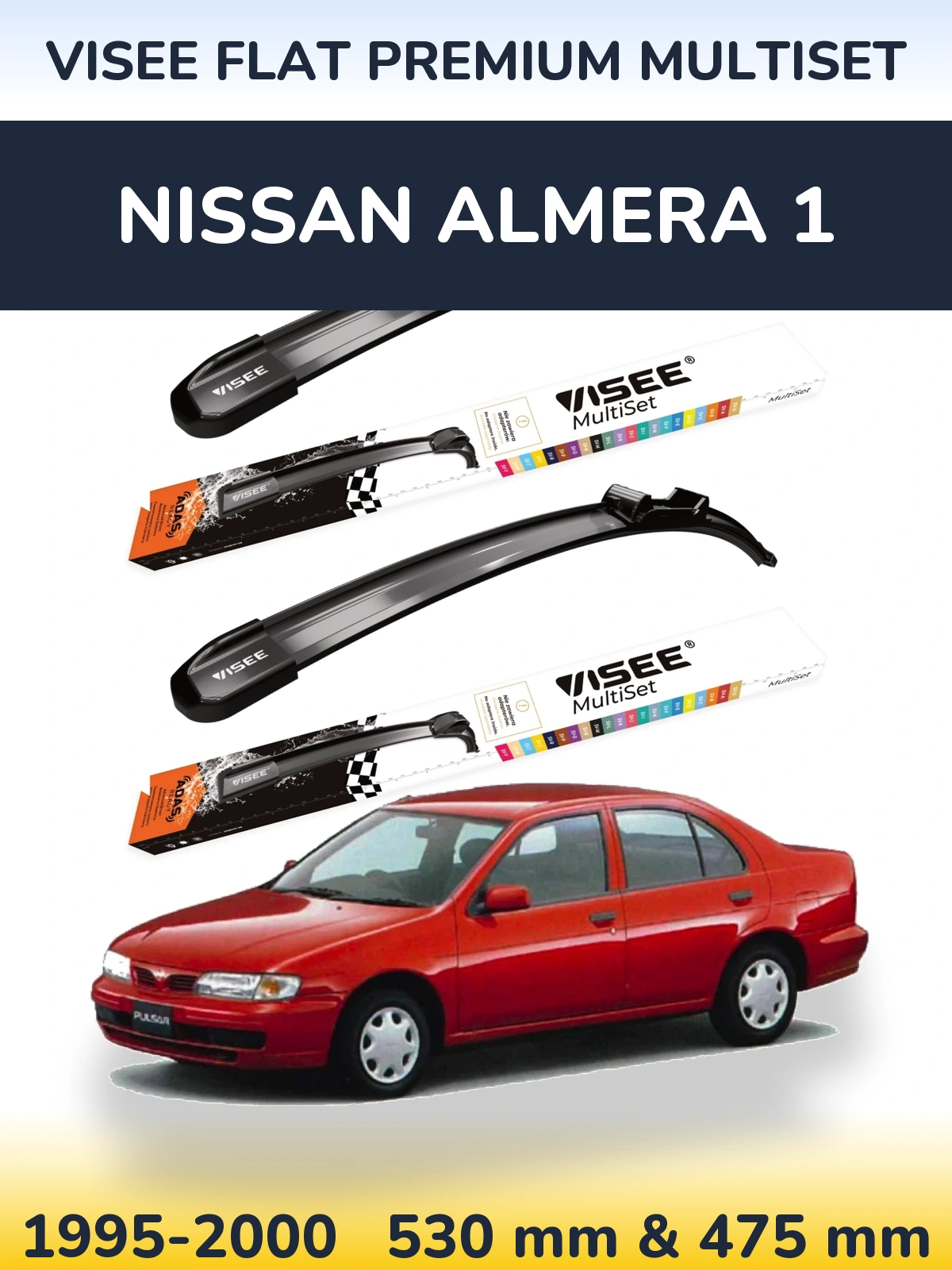 Sada předních stěračů VISEE FLAT PREMIUM MultiSet 530 a 475 mm pro Nissan Almera 1 1995-2000