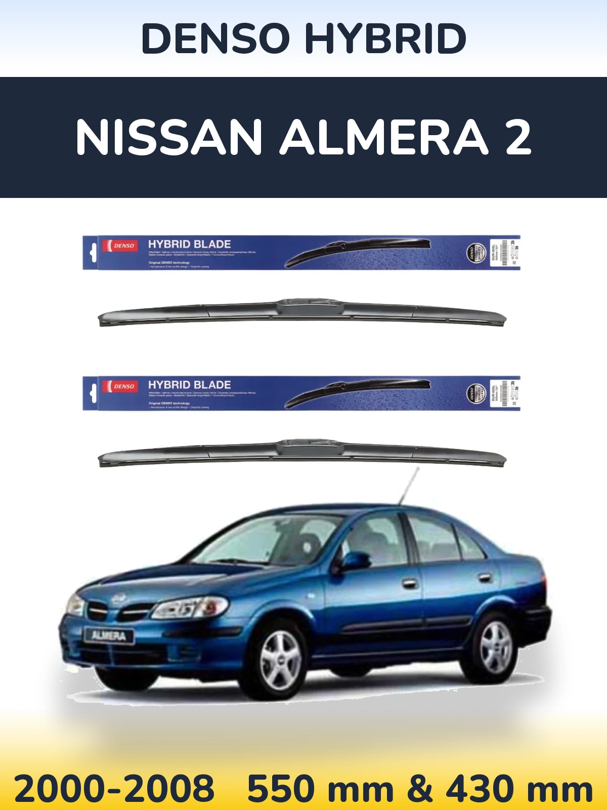 Sada předních stěračů Denso Hybrid 550 a 430 mm pro Nissan Almera 2 2000-2008